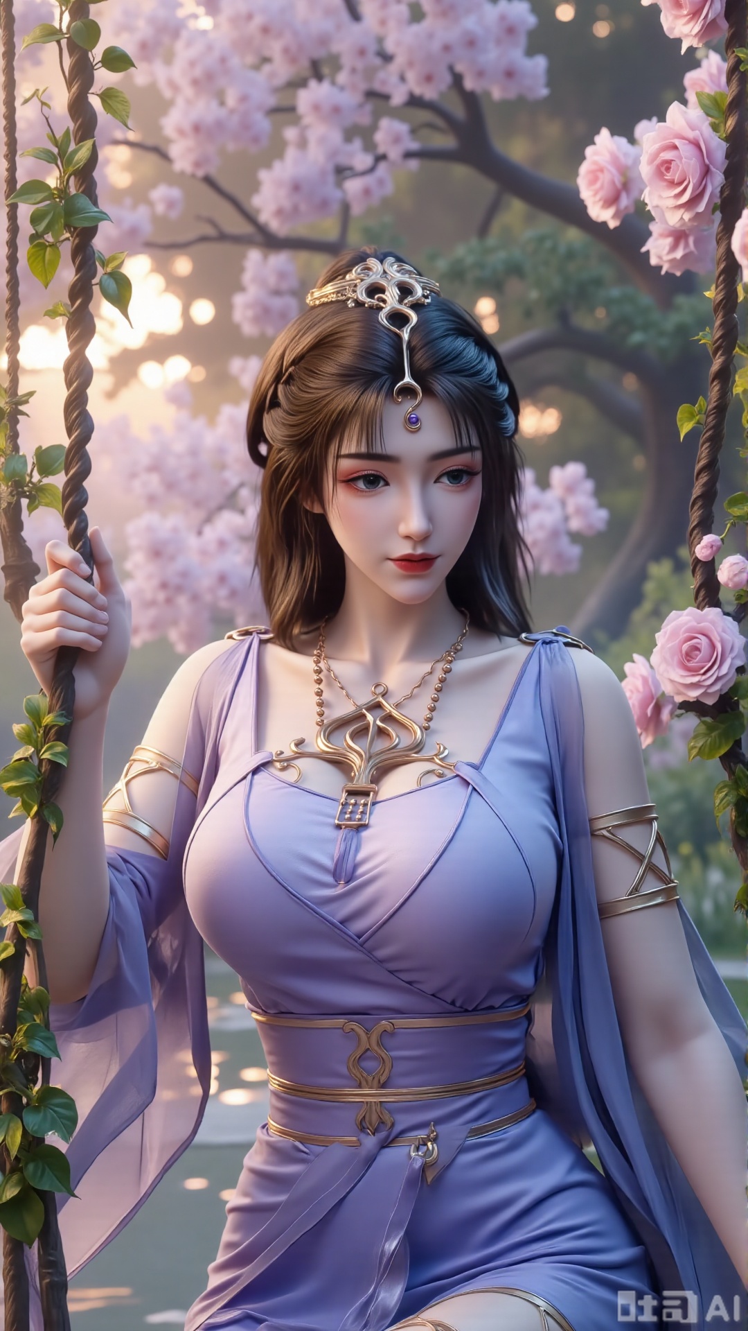  (masterpiece, best quality:1.2),In a cinematic shot with soft sunlight filtering through petals, a delicate fairy-like beauty swings gently on a flower swing amidst a whimsical garden. She wears a pale blue hanfu with flowing wide sleeves and a translucent silk sash tied around her slender figure. Her long black hair with blue highlights cascades down her back, adorned with a pearl hairpin. A gentle smile plays on her innocent eyes as she floats above the flowers, surrounded by fluttering butterflies and golden pollen particles. Magical runes float in the air, casting an ethereal glow. Vines wrap around the ropes of the swing, intertwined with roses and morning glories. The pastel color palette and fantasy atmosphere evoke a sense of wonder and enchantment.,(huge breasts:2.99),(full breasts:2.99),,Xbigbreasts,XmengkeerHH,XwensiyueXYH,Xmengkeerheihua,XwensiyueYH,Xhongfenkulou