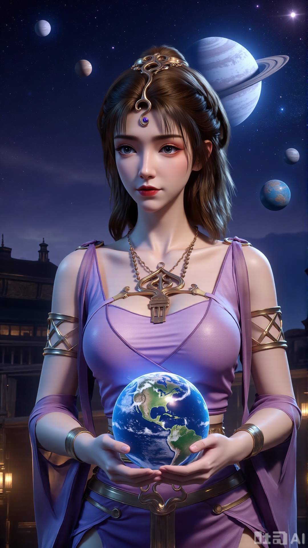 (masterpiece, best quality:1.2),Realistic details, ultra-clear, wallpaper, 8k, masterpiece, masterpiece, best quality, high quality, flowing long hair, exquisite hair accessories, headdresses, cyberpunk electronic luminous clothing, full body multi-luminous line light strips, cyberpunk luminous lines colorful. The sacred light, the cosmic space background, the planets of different colors around, the nebula flows, the stars twinkle, the golden willow branches stretch, holding an earth with both hands, the details of the earth's surface, the texture of mountains, rivers and oceans, the surrounding planets, planets of all sizes, traces of planets orbits, dreamy light and shadow effects.,(huge breasts:2.99),(full breasts:2.99),Xbigbreasts,XmengkeerHH,XwensiyueXYH,Xmengkeerheihua,XwensiyueYH,Xhongfenkulou