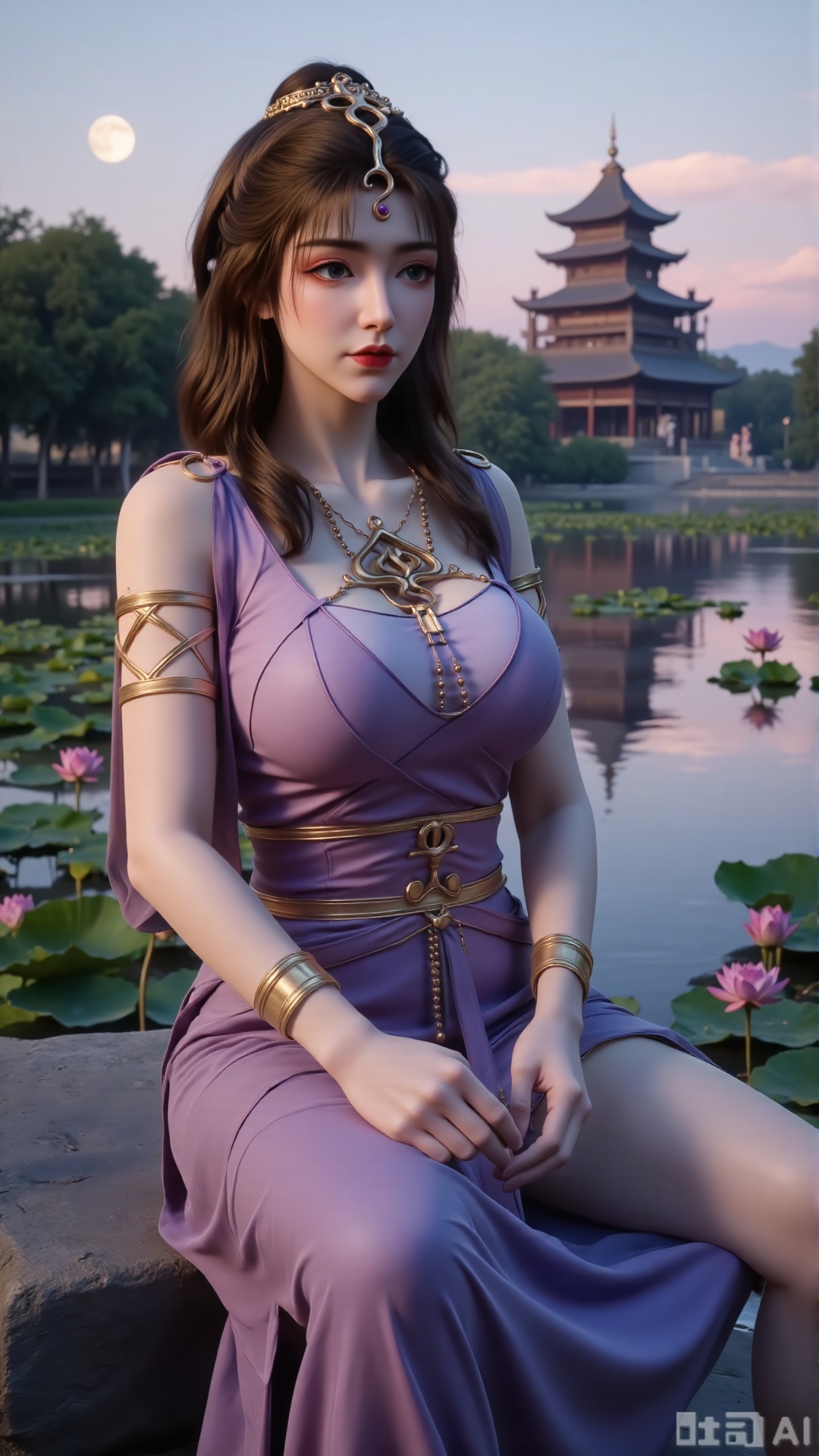  (masterpiece,best quality:1.23),a woman with long, wavy hair is seated on a large gray rock. She is dressed in a  dress with a belt around her waist. Her dress is adorned with a flower in her hair, adding a touch of beauty to the scene. In the background, a pagoda-like structure stands out against a backdrop of trees and a moon.(huge breasts, full breasts:2.99),(Background with lotus pond and pink lotus flowers:1.39),,Xbigbreasts,XmengkeerHH,XwensiyueXYH,Xmengkeerheihua,XwensiyueYH,Xhongfenkulou