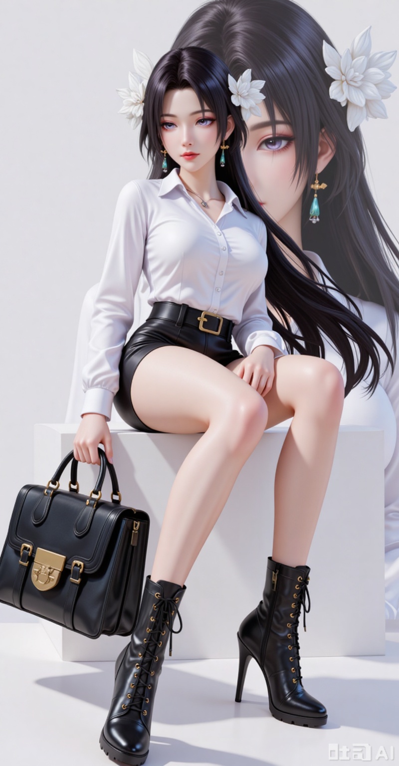 1girl, solo, long hair, looking at viewer, black hair, black hair, hair ornament, jewelry, earrings, necklace, 
shirt,shorts,legs,long legs,boots,high_heel_boots,full body,bag,sitting,
lvjing,lvjing,songyu,
character name,
(zoom in on the background of the character:1.4),