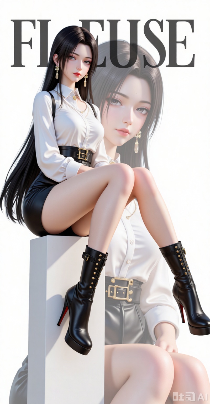 1girl, solo, long hair, looking at viewer, black hair, black hair, hair ornament, jewelry, earrings, necklace, 
shirt,shorts,legs,long legs,boots,high_heel_boots,full body,bag,sitting,
lvjing,lvjing,songyu,
character name,
(zoom in on the background of the character:1.4),
