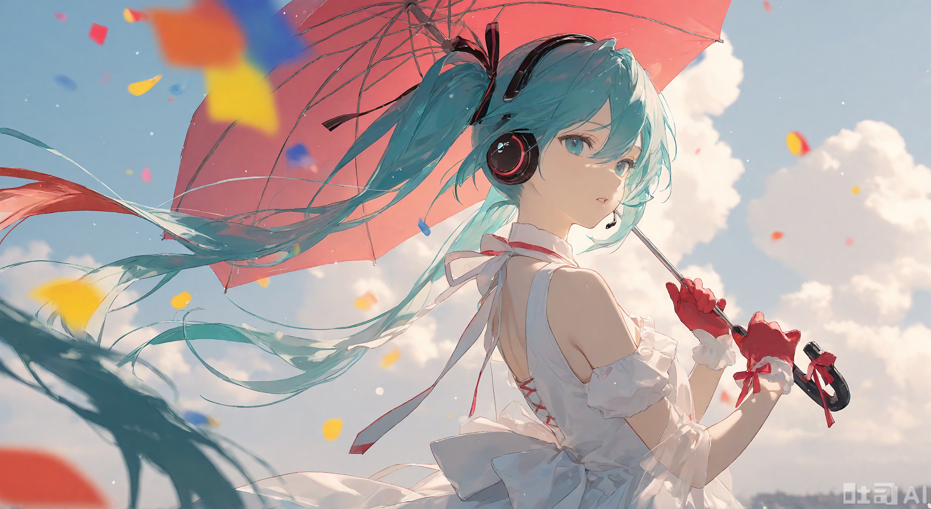 1girl, solo, long hair, open mouth, blue eyes, gloves, dress, hair between eyes, bare shoulders, twintails, blue hair, upper body, red hair, multicolored hair, parted lips, sky, day, cloud, blurry, from side, aqua eyes, aqua hair, headphones, umbrella, red gloves, hatsune miku
,backlighting,depth of field,(Floating hair),light particles,lens flare,extreme aesthetic,masterpiece,Dreamy light and shadow portrait,best quality,good quality,newest,year 2024,year 2023,very aesthetic,absurdres,Visual impact,A shot with tension,ultra-high resolution,32K UHD,sharp focus,best quality,Illustration,masterpiece,Emotionalization,unconventional supreme masterpiece,masterful details,temperate atmosphere,with a high end texture,in the style of fashion photography,(Visual impact:1.2),giving the poster a dynamic and visually striking appearance,impactful picture,offcial art,colorful,splash of color,movie perspective,masterpiece,best quality,amazing quality,very aesthetic,absurdres,best quality,newest,reality