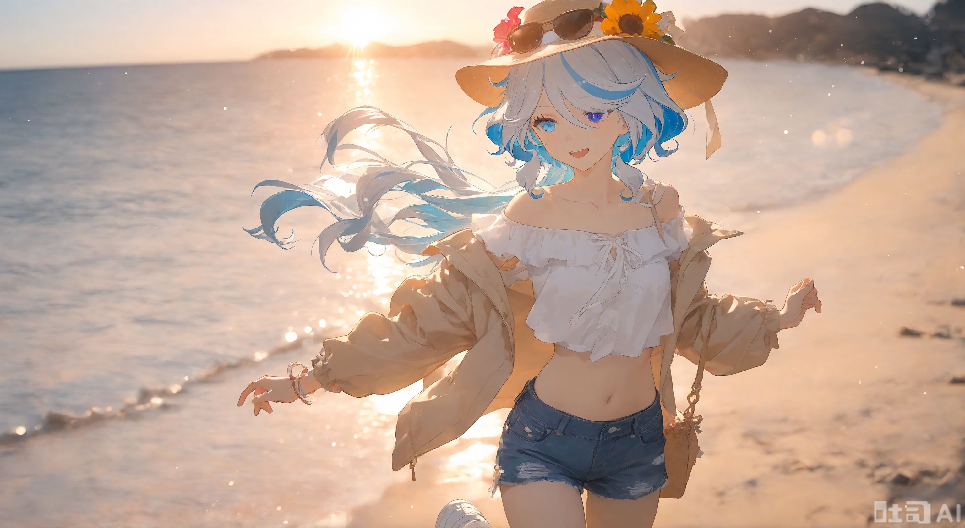 Girl, single, long hair, chest, looking at the audience, smiling, mouth open, blue eyes, skirt, shirt, hat, navel, held, bare shoulders, jewelry, long hair, blue hair, standing, collarbone, jacket, upper body, white shirt, flower, d, colorful hair, outdoor, ruffled, open clothes, shorts, navel, water, off-the-shoulder, belly, bag Arms, bracelets, open jackets, striped hair, crop tops, super shorts, ocean, beach, sunglasses, white shoes, blue shorts, sun hats, hat flowers, hand-worn headwear, Furina
,backlighting,depth of field,(Floating hair),light particles,lens flare,extreme aesthetic,masterpiece,Dreamy light and shadow portrait,best quality,good quality,newest,year 2024,year 2023,very aesthetic,absurdres,Visual impact,A shot with tension,ultra-high resolution,32K UHD,sharp focus,best quality,Illustration,masterpiece,Emotionalization,unconventional supreme masterpiece,masterful details,temperate atmosphere,with a high end texture,in the style of fashion photography,(Visual impact:1.2),giving the poster a dynamic and visually striking appearance,impactful picture,offcial art,colorful,splash of color,movie perspective,masterpiece,best quality,amazing quality,very aesthetic,absurdres,best quality,newest,reality