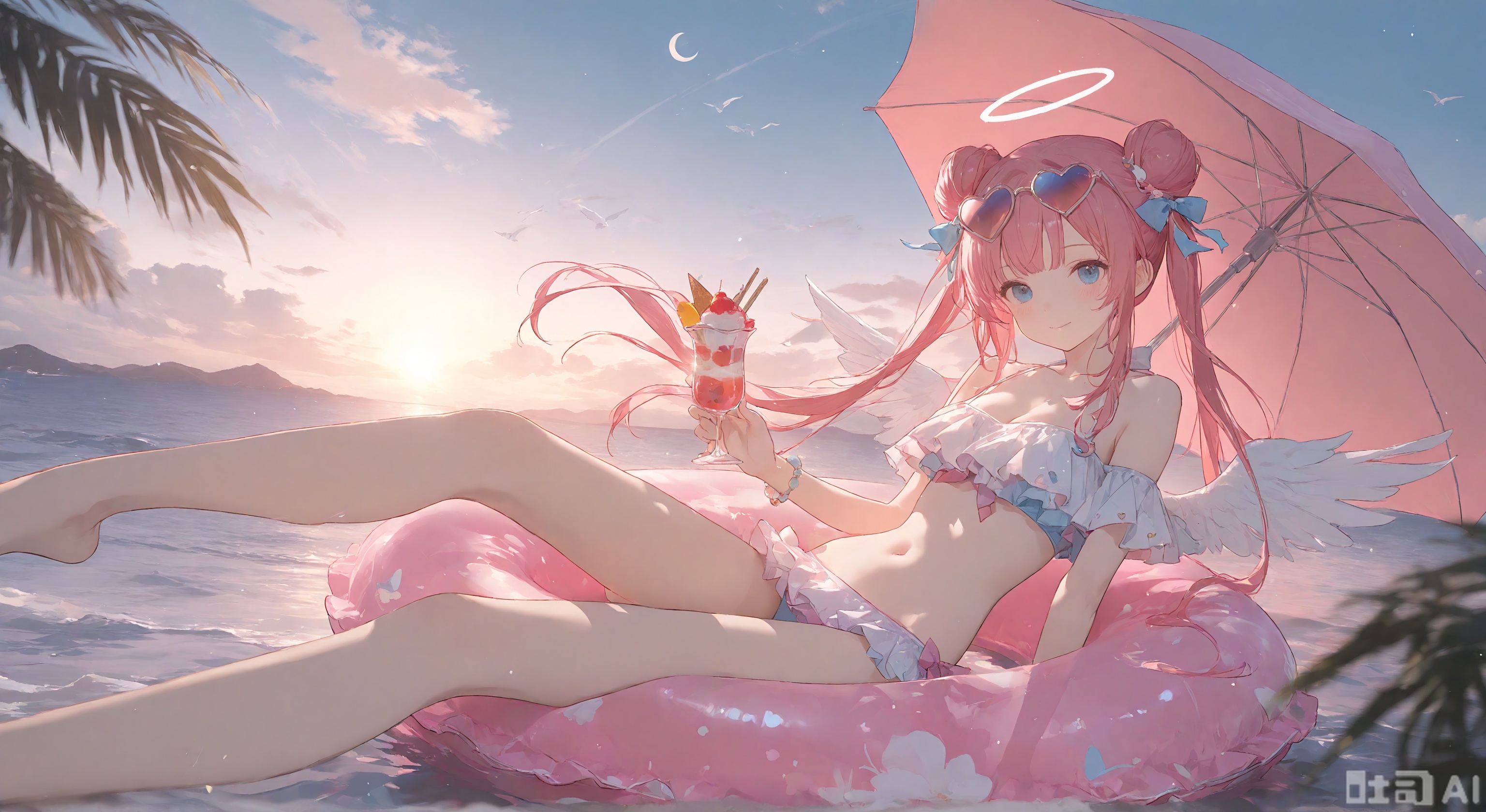 1girl, solo, looking at viewer, blush, bangs, blue eyes, hair ornament, bow, navel, holding, twintails, jewelry, swimsuit, short sleeves, hair bow, heart, bikini, frills, food, wings, sky, cloud, water, hair bun, star \(symbol\), bracelet, cup, double bun, fruit, bird, umbrella, halo, moon, sunglasses, holding cup, eyewear on head, frilled bikini, innertube, ice cream, parasol, crescent moon, heart-shaped eyewear
,backlighting,depth of field,(Floating hair),light particles,lens flare,extreme aesthetic,masterpiece,Dreamy light and shadow portrait,best quality,good quality,newest,year 2024,year 2023,very aesthetic,absurdres,Visual impact,A shot with tension,ultra-high resolution,32K UHD,sharp focus,best quality,Illustration,masterpiece,Emotionalization,unconventional supreme masterpiece,masterful details,temperate atmosphere,with a high end texture,in the style of fashion photography,(Visual impact:1.2),giving the poster a dynamic and visually striking appearance,impactful picture,offcial art,colorful,splash of color,movie perspective,masterpiece,best quality,amazing quality,very aesthetic,absurdres,best quality,newest,reality
