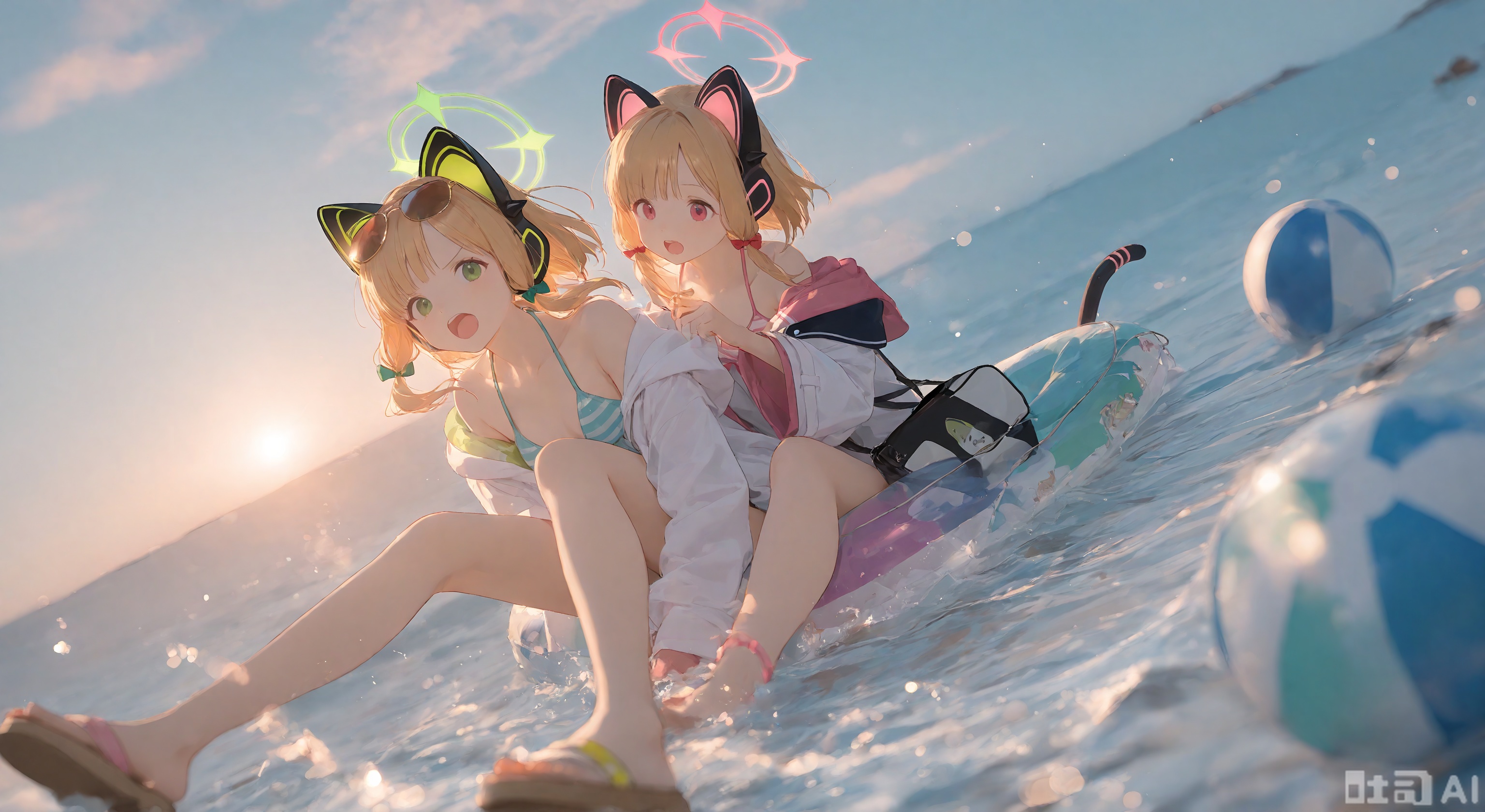 breasts, short hair, open mouth, multiple girls, blonde hair, red eyes, 2girls, animal ears, green eyes, jacket, tail, swimsuit, bikini, food, cat ears, bag, official alternate costume, cat tail, fake animal ears, siblings, headphones, halo, sandals, sunglasses, sisters, eyewear on head, ball, innertube, twins, shoulder bag, animal ear headphones, cat ear headphones, momoi \(blue archive\), midori \(blue archive\)
,backlighting,depth of field,(Floating hair),light particles,lens flare,extreme aesthetic,masterpiece,Dreamy light and shadow portrait,best quality,good quality,newest,year 2024,year 2023,very aesthetic,absurdres,Visual impact,A shot with tension,ultra-high resolution,32K UHD,sharp focus,best quality,Illustration,masterpiece,Emotionalization,unconventional supreme masterpiece,masterful details,temperate atmosphere,with a high end texture,in the style of fashion photography,(Visual impact:1.2),giving the poster a dynamic and visually striking appearance,impactful picture,offcial art,colorful,splash of color,movie perspective,masterpiece,best quality,amazing quality,very aesthetic,absurdres,best quality,newest,reality