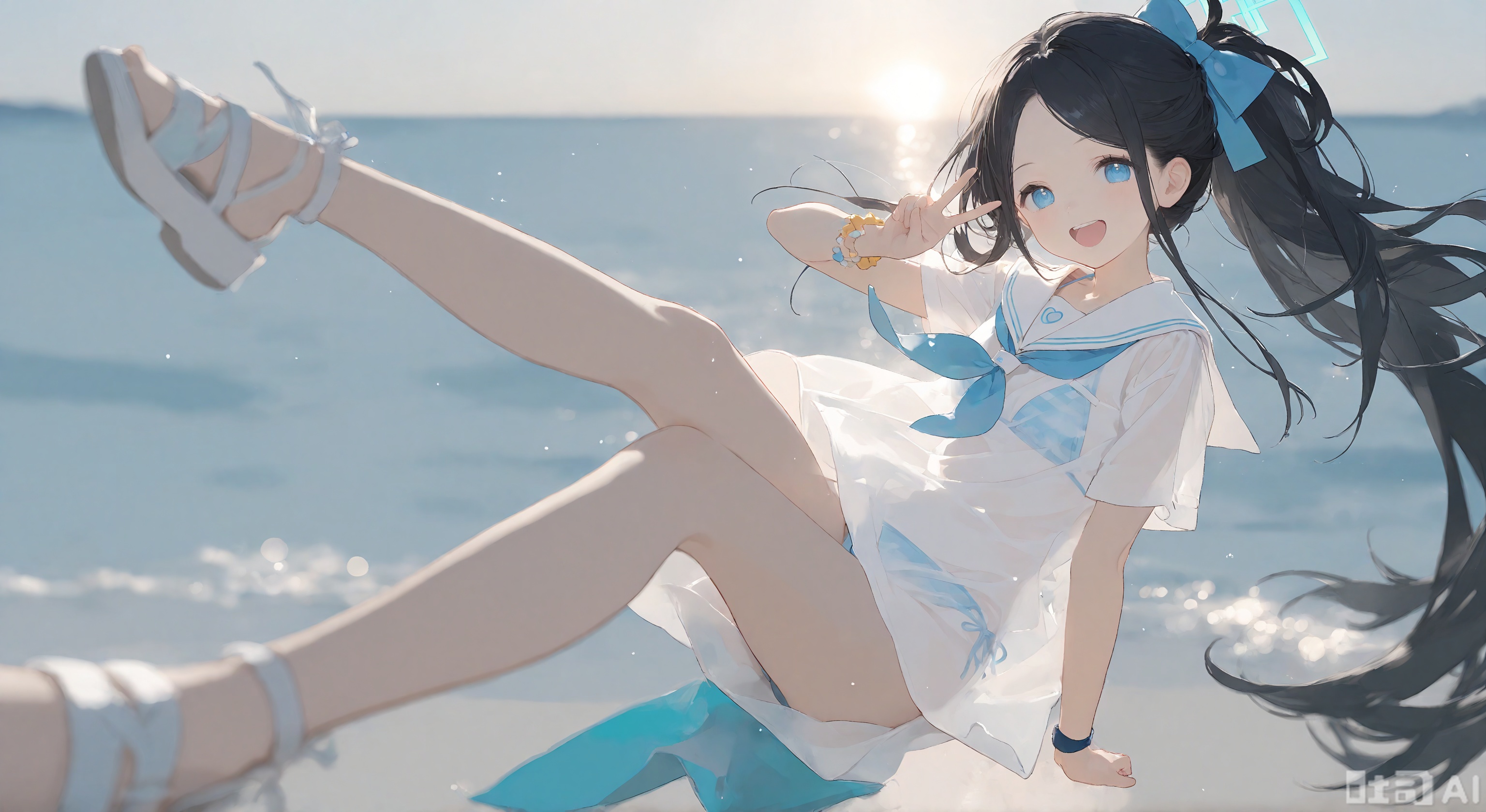 1girl, solo, long hair, looking at viewer, smile, open mouth, blue eyes, black hair, bow, jewelry, very long hair, swimsuit, ponytail, hair bow, bikini, teeth, sailor collar, bracelet, neckerchief, see-through, v, halo, sandals, white sailor collar, bikini under clothes, aris \(blue archive\)
,backlighting,depth of field,(Floating hair),light particles,lens flare,extreme aesthetic,masterpiece,Dreamy light and shadow portrait,best quality,good quality,newest,year 2024,year 2023,very aesthetic,absurdres,Visual impact,A shot with tension,ultra-high resolution,32K UHD,sharp focus,best quality,Illustration,masterpiece,Emotionalization,unconventional supreme masterpiece,masterful details,temperate atmosphere,with a high end texture,in the style of fashion photography,(Visual impact:1.2),giving the poster a dynamic and visually striking appearance,impactful picture,offcial art,colorful,splash of color,movie perspective,masterpiece,best quality,amazing quality,very aesthetic,absurdres,best quality,newest,reality