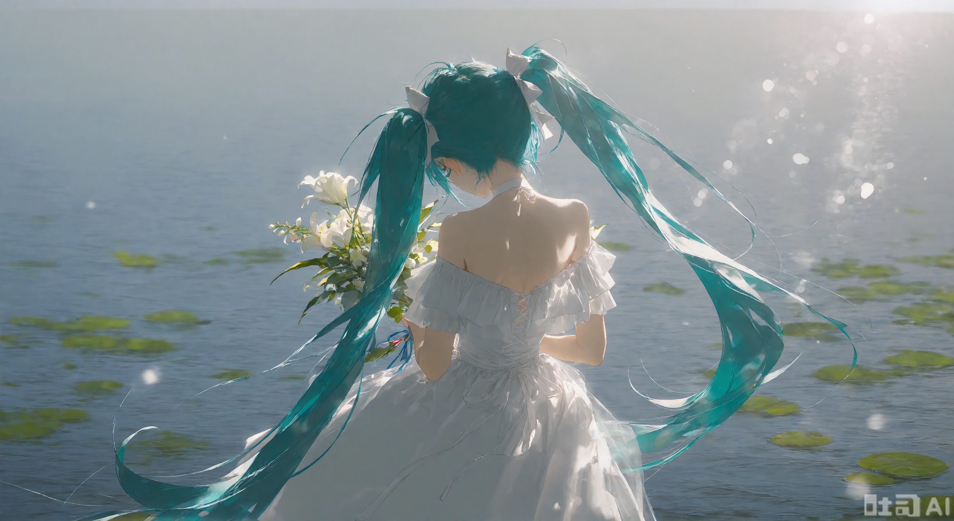 1girl,solo,long hair,bangs,dress,holding,bare shoulders,twintails,very long hair,closed eyes,flower,water,off shoulder,from behind,white dress,aqua hair,leaf,sunlight,white flower,lens flare,bouquet,off-shoulder dress,holding flower,holding bouquet,lily pad,hatsune miku
,backlighting,depth of field,(Floating hair),light particles,lens flare,(artist:quasarcake:0.8),extreme aesthetic,(wlop:0.6),wanke,rella,wanke,masterpiece,best quality,good quality,newest,year 2024,year 2023,very aesthetic,absurdres,Visual impact,A shot with tension,ultra-high resolution,32K UHD,sharp focus,best quality,masterpiece,Emotionalization,unconventional supreme masterpiece,masterful details,temperate atmosphere,with a high end texture,in the style of fashion photography,(Visual impact:1.2),giving the poster a dynamic and visually striking appearance,impactful picture,offcial art,colorful,splash of color,movie perspective,masterpiece,best quality,amazing quality,very aesthetic,absurdres,best quality,newest,reality