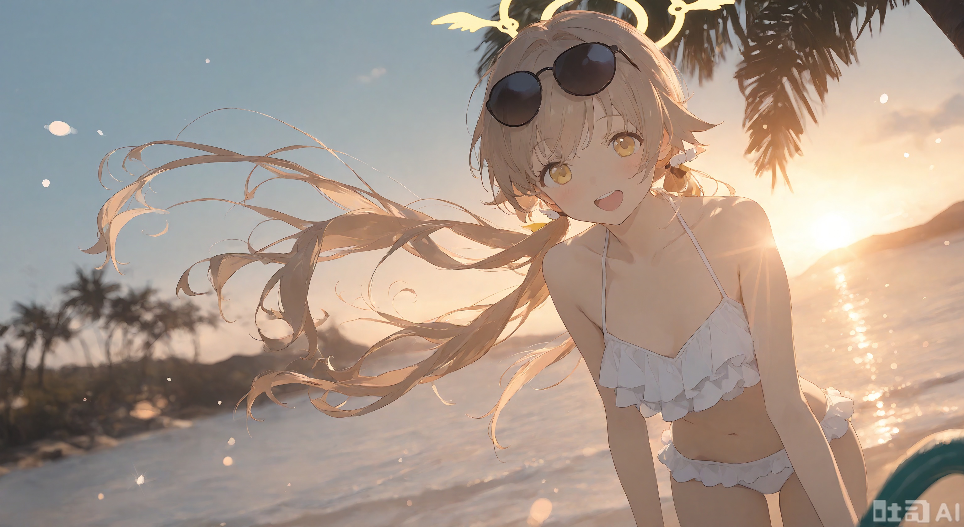 1girl, solo, long hair, looking at viewer, blush, smile, open mouth, blonde hair, navel, holding, twintails, swimsuit, yellow eyes, bikini, outdoors, frills, sky, day, water, tree, low twintails, halo, white bikini, sunglasses, light brown hair, eyewear on head, frilled bikini, palm tree, hose, hifumi \(blue archive\)
,backlighting,depth of field,(Floating hair),light particles,lens flare,extreme aesthetic,masterpiece,Dreamy light and shadow portrait,best quality,good quality,newest,year 2024,year 2023,very aesthetic,absurdres,Visual impact,A shot with tension,ultra-high resolution,32K UHD,sharp focus,best quality,Illustration,masterpiece,Emotionalization,unconventional supreme masterpiece,masterful details,temperate atmosphere,with a high end texture,in the style of fashion photography,(Visual impact:1.2),giving the poster a dynamic and visually striking appearance,impactful picture,offcial art,colorful,splash of color,movie perspective,masterpiece,best quality,amazing quality,very aesthetic,absurdres,best quality,newest,reality