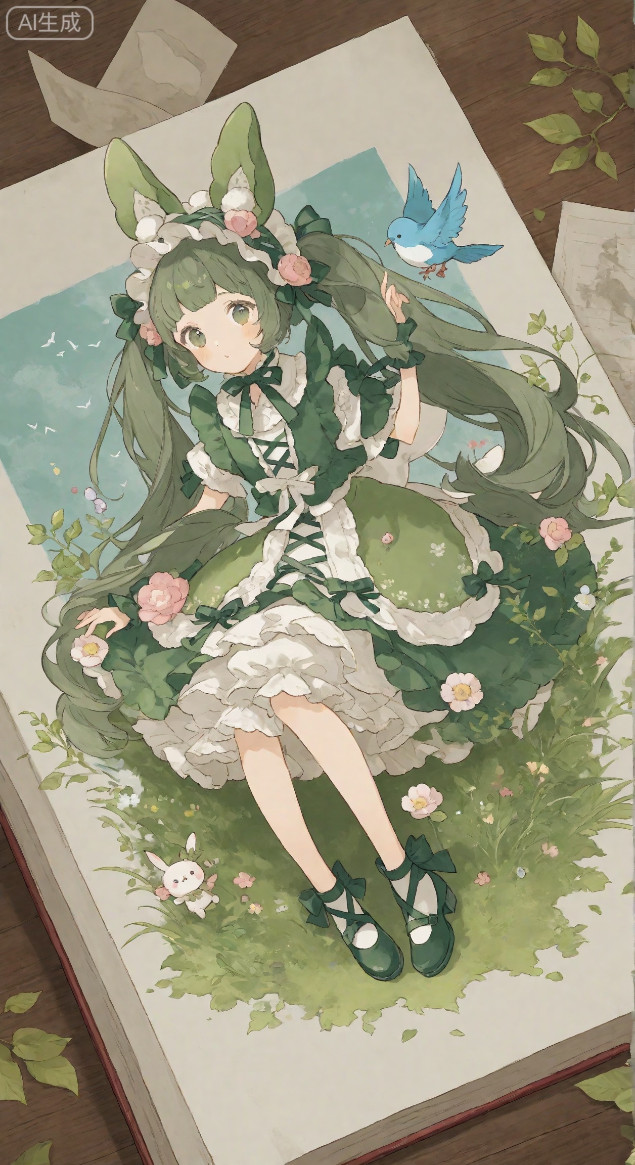 Fantasy illustration, dark green rectangular bottom, rabbit ear Lolita girl with interactive bird, surrounded by layered pink flowers and translucent green leaves, cream powder white main color embellishment grass green crimson, flat cute shape, picture book paper texture