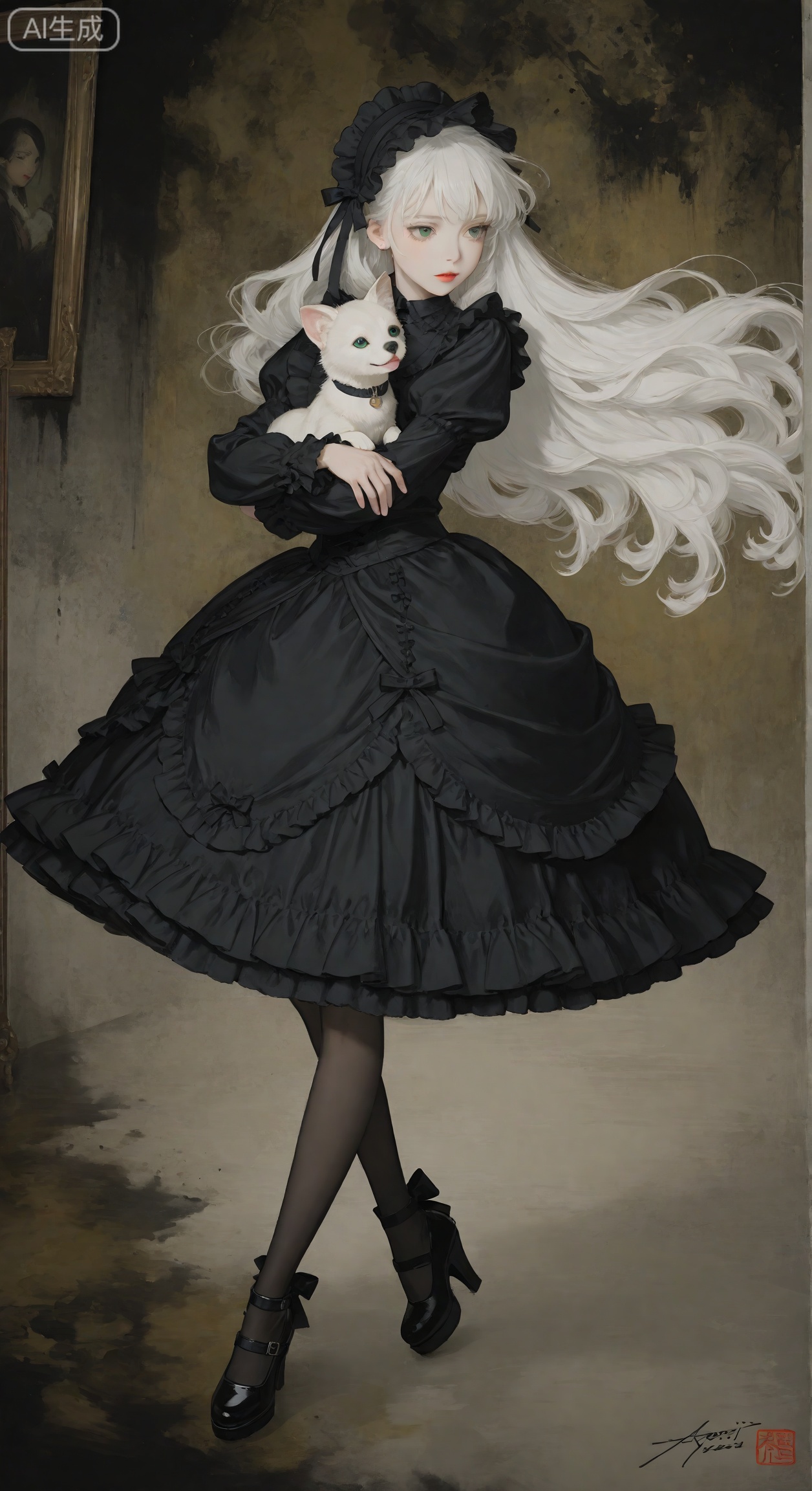 A girl with long white hair, green eyes wearing a baroque dress, held a puppy in her arms. She is beautiful and cute. Her black and white dress is delicate and romantic, Gothic black style, surreal animal illustration, Meiji art, black painting, rich layers, realistic figurative painting, realistic super-detail portrait style, new tradition Japan, Aaron Yasinski, Gothic style, soft edges, dark romantic illustrations, anime ink style