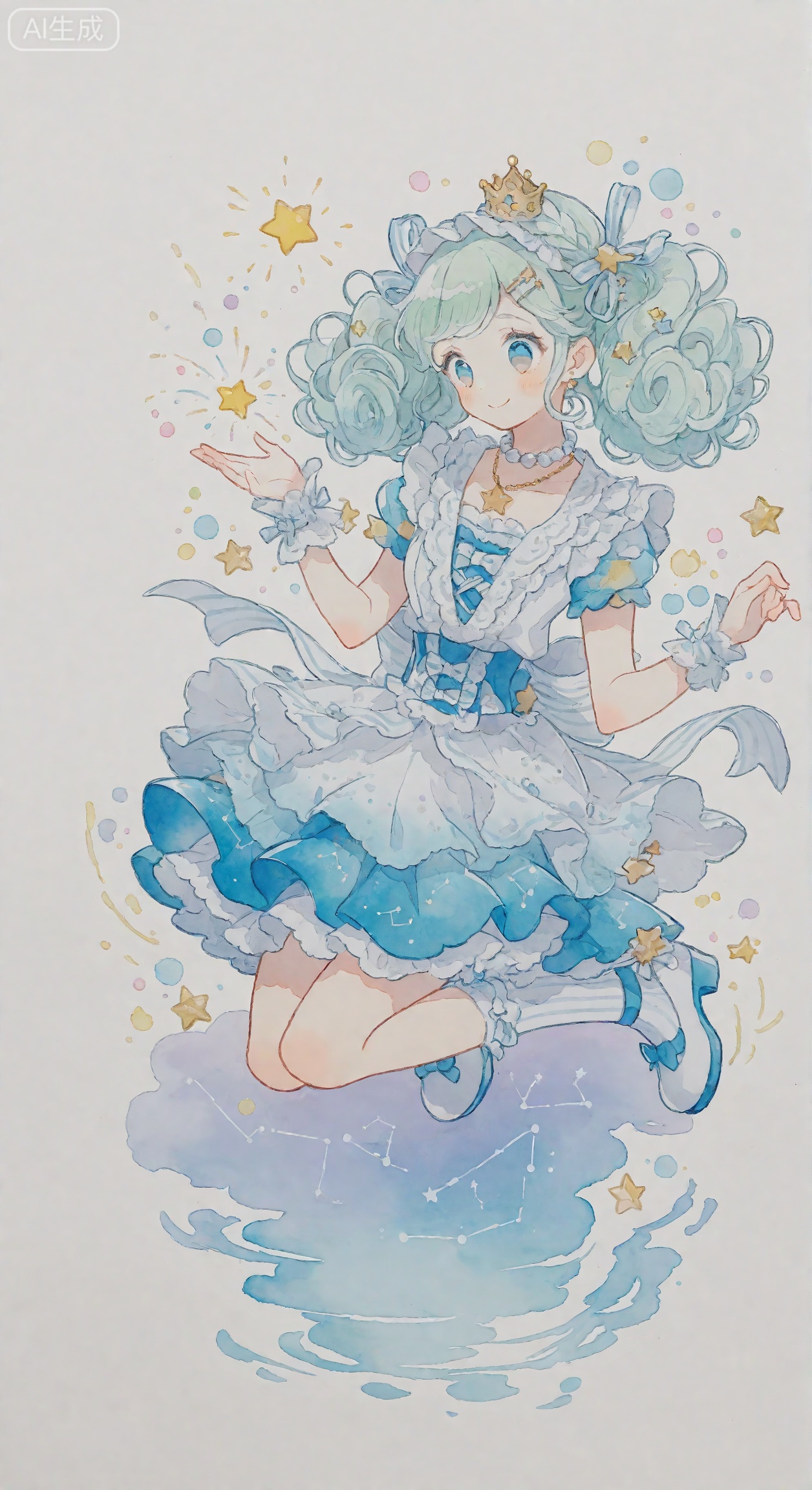 The background is white, the cool and cool girl in the second dimension, fashionable theme, extremely imaginative, rich association, watercolor fusion ink, very design-oriented clothing, character design, super details, and hair. A sense of layering. Complex, light green long curly hair draped with hair. American style. Royal sister. Light green long skirt. Glossy ribbons are embellished. High-end clothes. Layered skirts. The skirt participates in the color and white of dots. Fireworks. necklace. Yellow star constellation decoration.