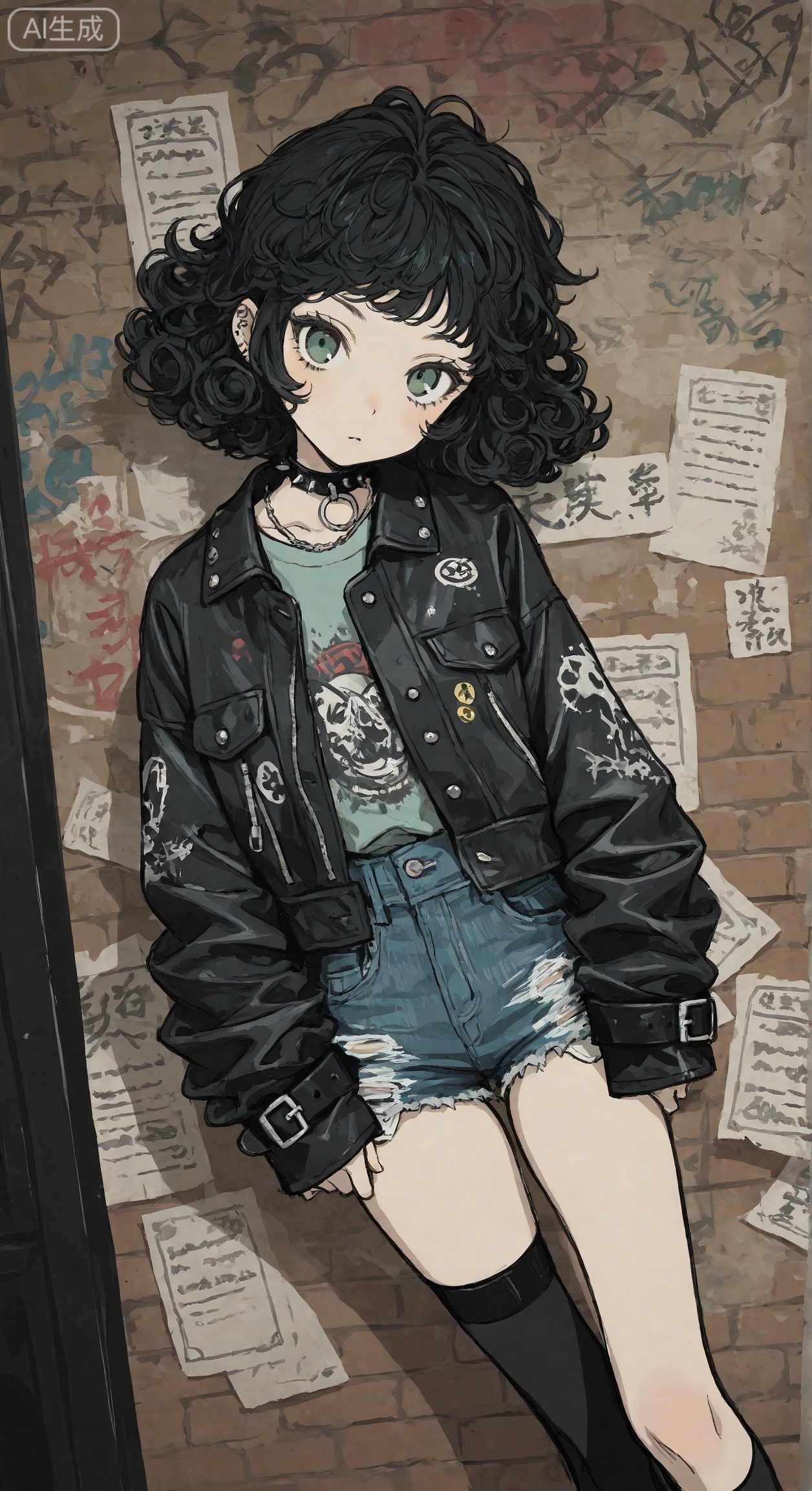 Girl, long black curly hair, green eyes, non-mainstream, short top, short denim shorts, loose irregular wide cuff jacket, background is a Japanese graffiti wall. Random poses, fashionable design clothing, non-traditional color background, matte texture, rice paper, punk style, cold and hard brushstrokes, hand-painted style, messy lines, comic composition, OC character design.