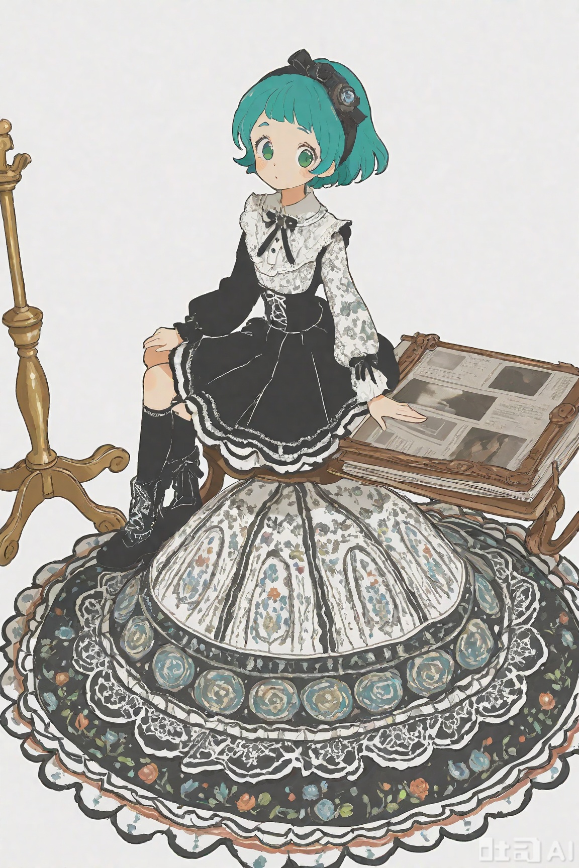 The picture style is illustration, hand-painted illustration style, hand-painted lines, the picture composition is simple and the color contrast is strong. ,In the Gothic visual style, hand-drawn illustrations are adopted, with hand-drawn lines, simple composition and strong color contrast. In the picture, there is a girl with a black retro pan head, green narrow eyes, beautiful sitting posture, wearing an ancient-style skirt with exaggerated ruffles and metal decoration, paired with a white lace top with skirt color pattern. The skirt color is a little gold on the original basis and has fewer patterns. The skirt is placed on a white background, and the side light is touched from the left to enhance the three-dimensional sense. The main color is white. The skirt is slightly to the right in the composition, and there are retro suitcases and old newspapers next to the girl. The overall atmosphere is full of mysterious and unique.