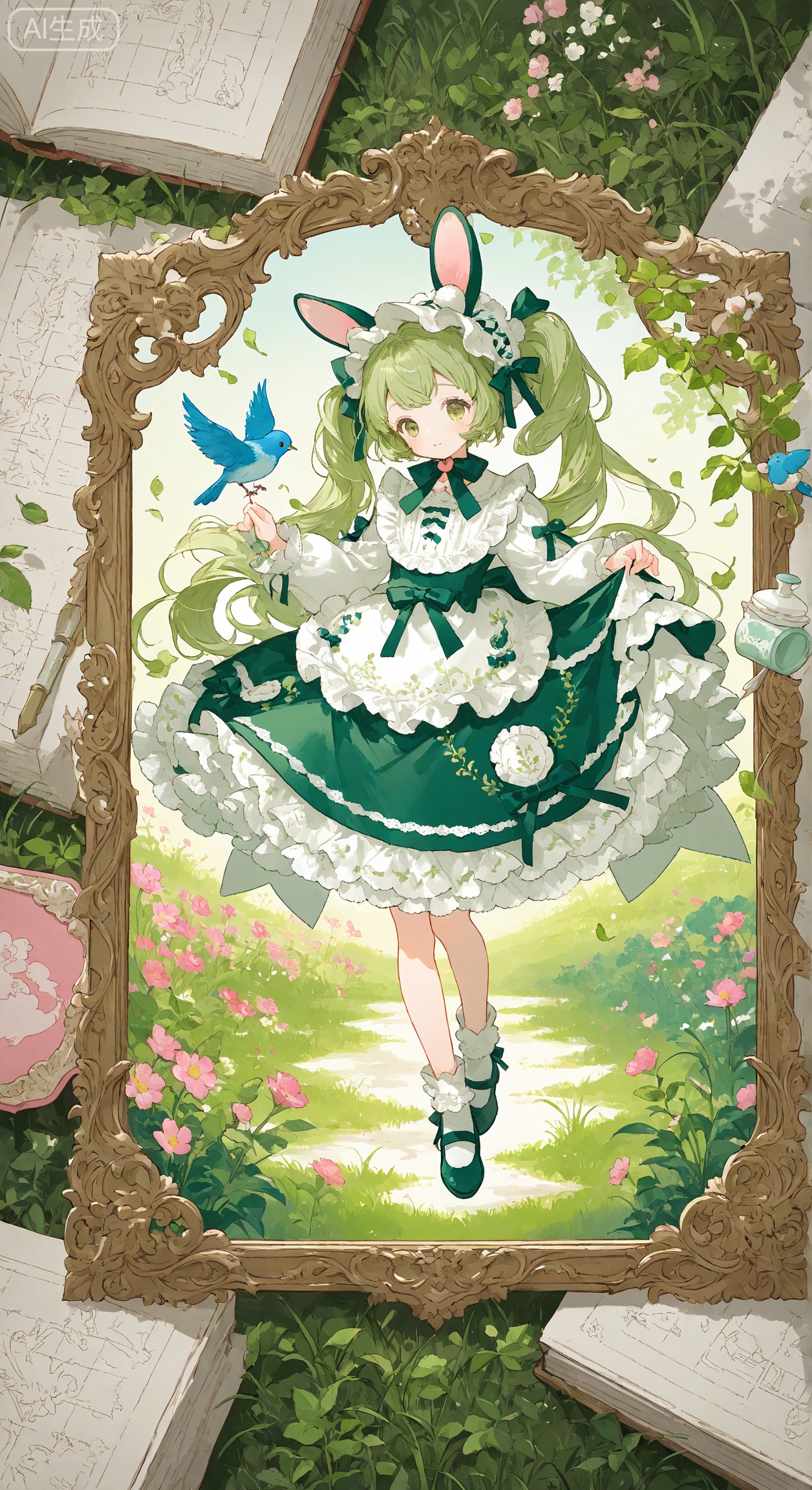 Fantasy illustration, dark green rectangular bottom, rabbit ear Lolita girl with interactive bird, surrounded by layered pink flowers and translucent green leaves, cream powder white main color embellishment grass green crimson, flat cute shape, picture book paper texture