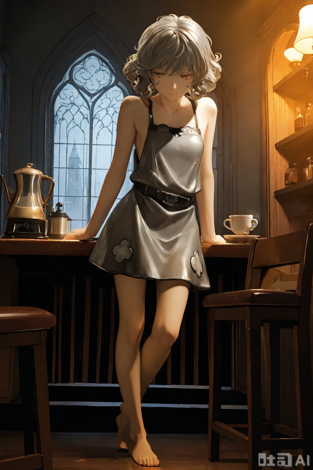 A girl with long golden curly hair, barefoot, wearing thin and toad clothes, shirtless, standing at the table with a coffee pot, stepping on the table, bare feet, finely portraying the limbs and toes, focusing on the feet, and facing sideways. The faint light of the lit oil lamp illuminated her pale and longing face. Background: The house is dark and dilapidated, and the snow-covered Gothic building streets outside the windows, warm lights shine in from the windows in the distance. This scene evoked deep sorrow, loneliness, and a glimmer of fragile hope. Rendered in detailed oil painting style, high contrast lighting, mainly cold blue grey tones with warm orange-yellow glow from matching.