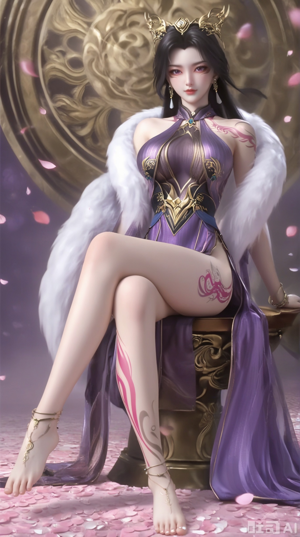 masterpiece, best quality, masterpiece,best quality,official art,extremely detailed CG unity 8k wallpaper, 1girl,solo,long hair,looking at viewer,black hair,hair ornament,dress,jewelry,upper body,earrings,chinese clothes,purple dress,bare shoulders,(fur trim:1.15),bare arms,bare shoulders,breasts,crossed legs,Barefoot,(leg tattoos:1.3),(leg tattoos:1.3),(toe ring:1.2),sitting,toes,soles,(feet tattoos:1.3),petals,Many petals,wind,Big petals,delicate feet,dainty feet,full body,anklet,