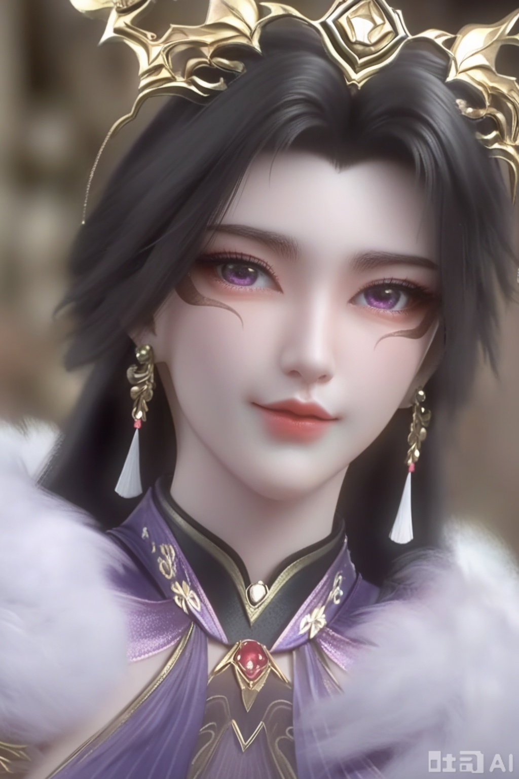 masterpiece, best quality, masterpiece,best quality,official art,extremely detailed CG unity 8k wallpaper, 1girl,solo,long hair,looking at viewer,black hair,hair ornament,dress,jewelry,upper body,earrings,chinese clothes,purple dress,facing viewer,faceoff,simple background,white background,bare shoulders,(fur trim:1.3),bare arms,breasts,blurry background