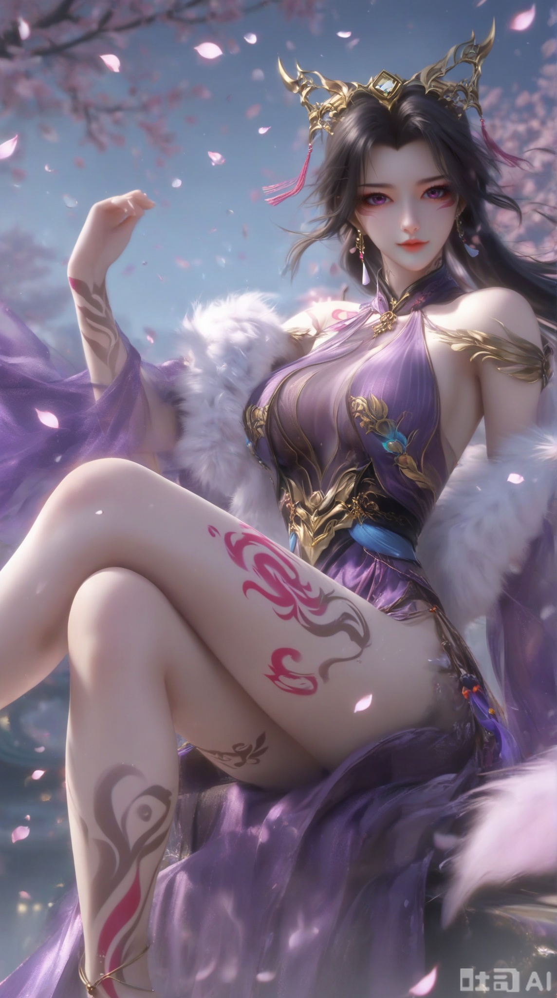 masterpiece, best quality, masterpiece,best quality,official art,extremely detailed CG unity 8k wallpaper, 1girl,solo,long hair,looking at viewer,black hair,hair ornament,dress,jewelry,upper body,earrings,chinese clothes,purple dress,bare shoulders,(fur trim:1.15),bare arms,bare shoulders,breasts,crossed legs,Barefoot,(leg tattoos:1.3),(leg tattoos:1.3),sitting,toes,soles,(feet tattoos:1.3),petals,Many petals,wind,Big petals,delicate feet,dainty feet,full body,anklet,Very long legs