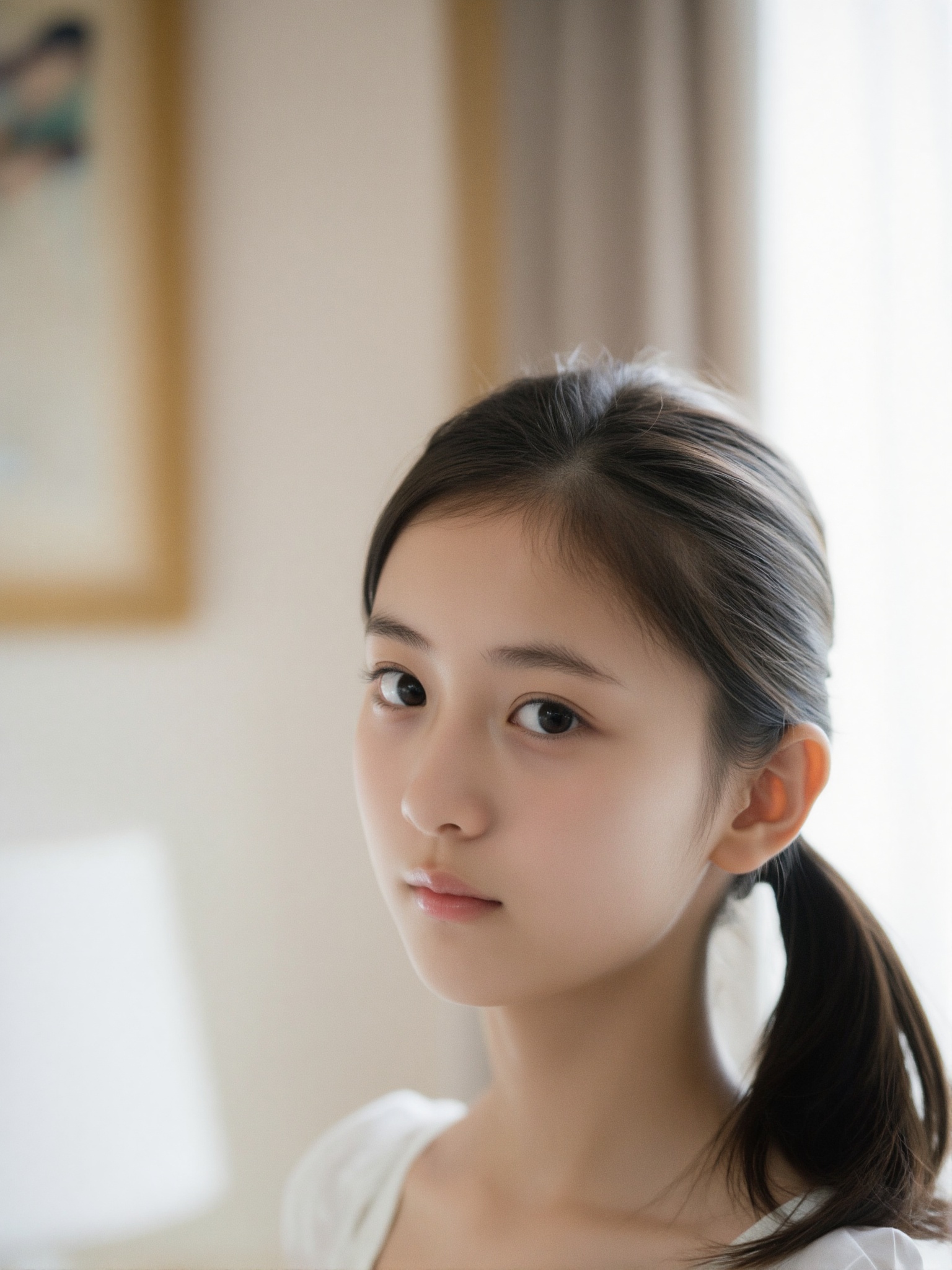 1girl,  A photo of a 14-year-old Japanese girl with a ponytail long hair. Bikini and white shirt. . The image is shot on 3...
