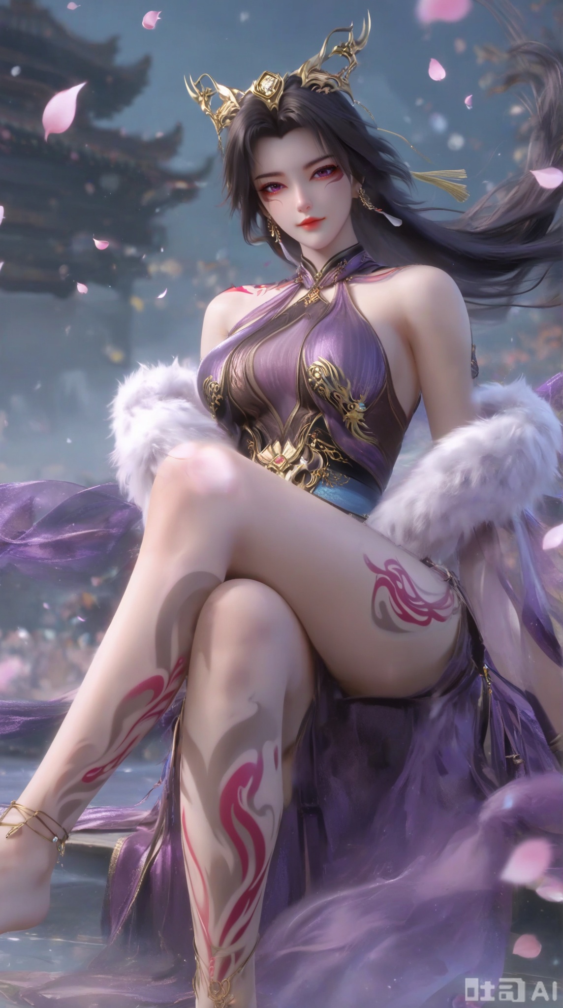 masterpiece, best quality, masterpiece,best quality,official art,extremely detailed CG unity 8k wallpaper, 1girl,solo,long hair,looking at viewer,black hair,hair ornament,dress,jewelry,upper body,earrings,chinese clothes,purple dress,bare shoulders,(fur trim:1.15),bare arms,bare shoulders,breasts,crossed legs,Barefoot,(leg tattoos:1.3),(leg tattoos:1.3),sitting,toes,soles,(feet tattoos:1.3),petals,Many petals,wind,Big petals,delicate feet,dainty feet,full body,anklet,Very long legs