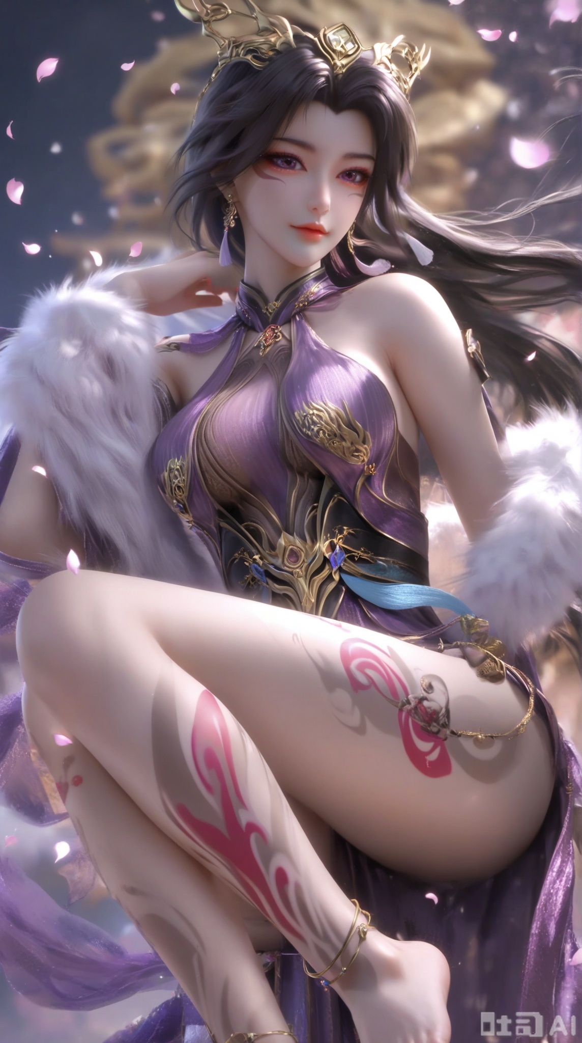 masterpiece, best quality, masterpiece,best quality,official art,extremely detailed CG unity 8k wallpaper, 1girl,solo,long hair,looking at viewer,black hair,hair ornament,dress,jewelry,upper body,earrings,chinese clothes,purple dress,bare shoulders,(fur trim:1.15),bare arms,bare shoulders,breasts,crossed legs,Barefoot,(leg tattoos:1.3),(leg tattoos:1.3),sitting,toes,soles,(feet tattoos:1.3),petals,Many petals,wind,Big petals,delicate feet,dainty feet,full body,anklet,Very long legs