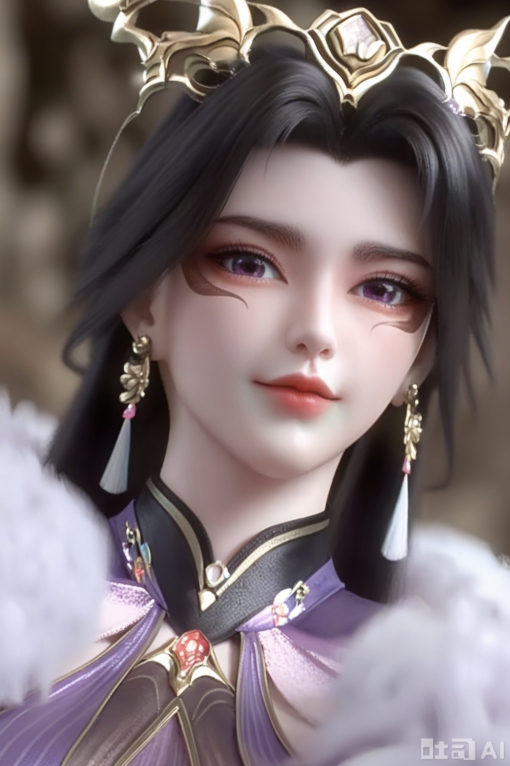 masterpiece, best quality, masterpiece,best quality,official art,extremely detailed CG unity 8k wallpaper, 1girl,solo,long hair,looking at viewer,black hair,hair ornament,dress,jewelry,upper body,earrings,chinese clothes,purple dress,facing viewer,faceoff,simple background,white background,bare shoulders,(fur trim:1.3),bare arms,breasts,blurry background