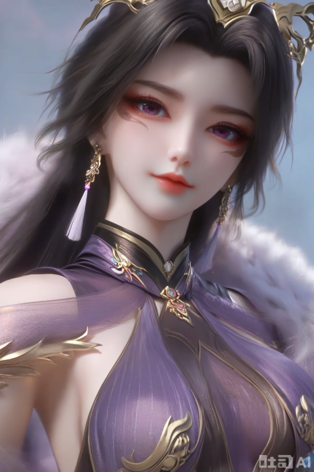 masterpiece, best quality, masterpiece,best quality,official art,extremely detailed CG unity 8k wallpaper, 1girl,solo,long hair,looking at viewer,black hair,hair ornament,dress,jewelry,upper body,earrings,chinese clothes,purple dress,facing viewer,faceoff,simple background,white background,bare shoulders,(fur trim:1.3),bare arms,breasts,blurry background