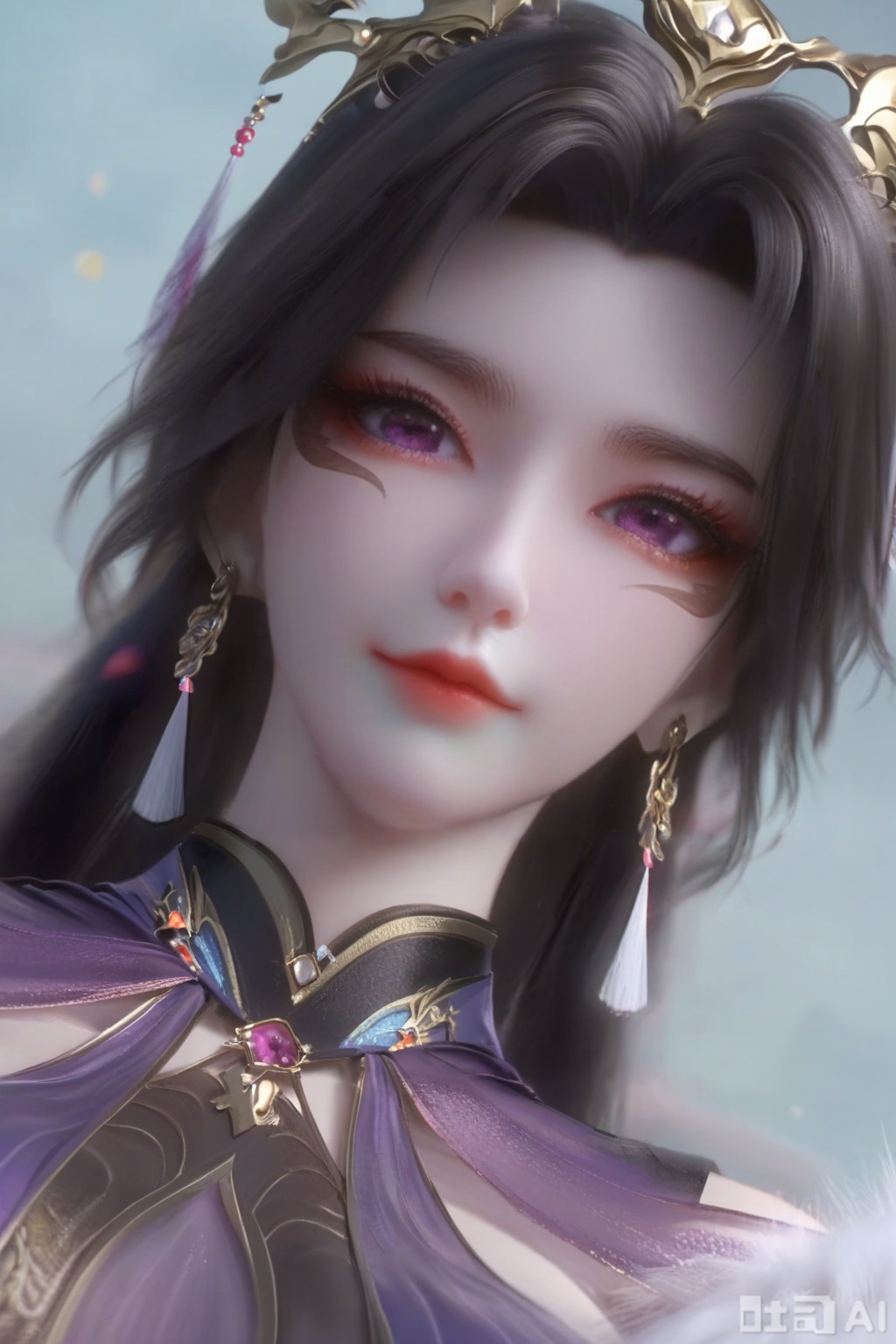 masterpiece, best quality, masterpiece,best quality,official art,extremely detailed CG unity 8k wallpaper, 1girl,solo,long hair,looking at viewer,black hair,hair ornament,dress,jewelry,upper body,earrings,chinese clothes,purple dress,facing viewer,faceoff,simple background,white background,bare shoulders,(fur trim:1.3),bare arms,breasts,blurry background