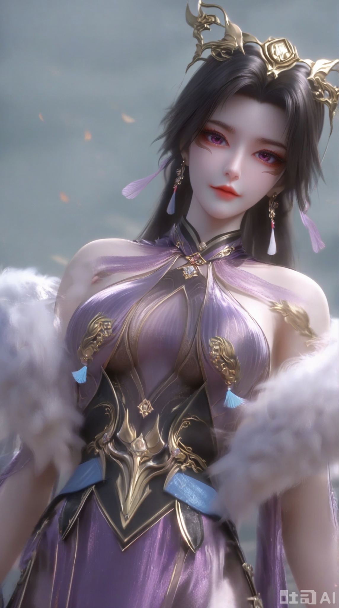 masterpiece, best quality, masterpiece,best quality,official art,extremely detailed CG unity 8k wallpaper, 1girl,solo,long hair,looking at viewer,black hair,hair ornament,dress,jewelry,upper body,earrings,chinese clothes,purple dress,facing viewer,faceoff,simple background,white background,bare shoulders,(fur trim:1.3),bare arms,breasts,blurry background