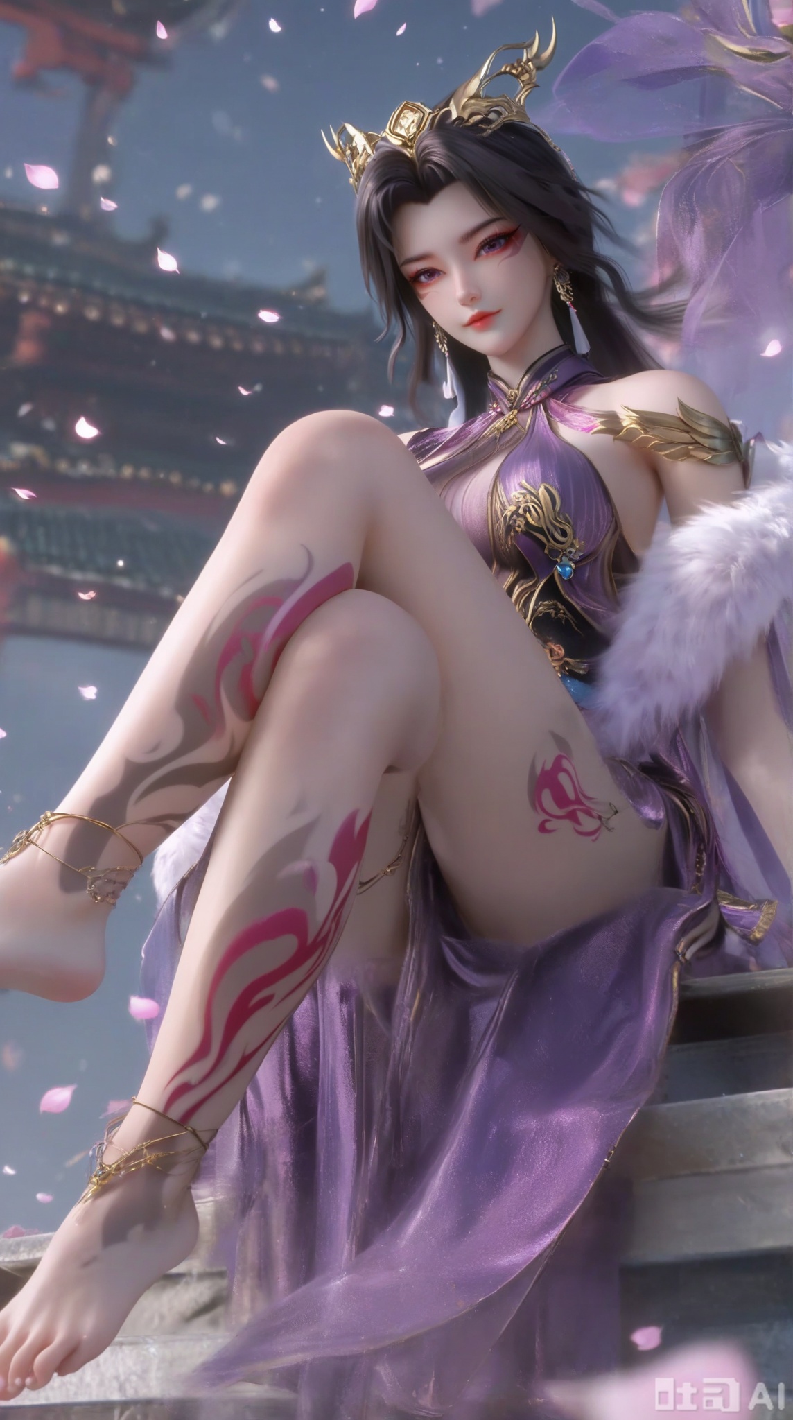masterpiece, best quality, masterpiece,best quality,official art,extremely detailed CG unity 8k wallpaper, 1girl,solo,long hair,looking at viewer,black hair,hair ornament,dress,jewelry,upper body,earrings,chinese clothes,purple dress,bare shoulders,(fur trim:1.15),bare arms,bare shoulders,breasts,crossed legs,Barefoot,(leg tattoos:1.3),(leg tattoos:1.3),sitting,toes,soles,(feet tattoos:1.3),petals,Many petals,wind,Big petals,delicate feet,dainty feet,full body,anklet,Very long legs