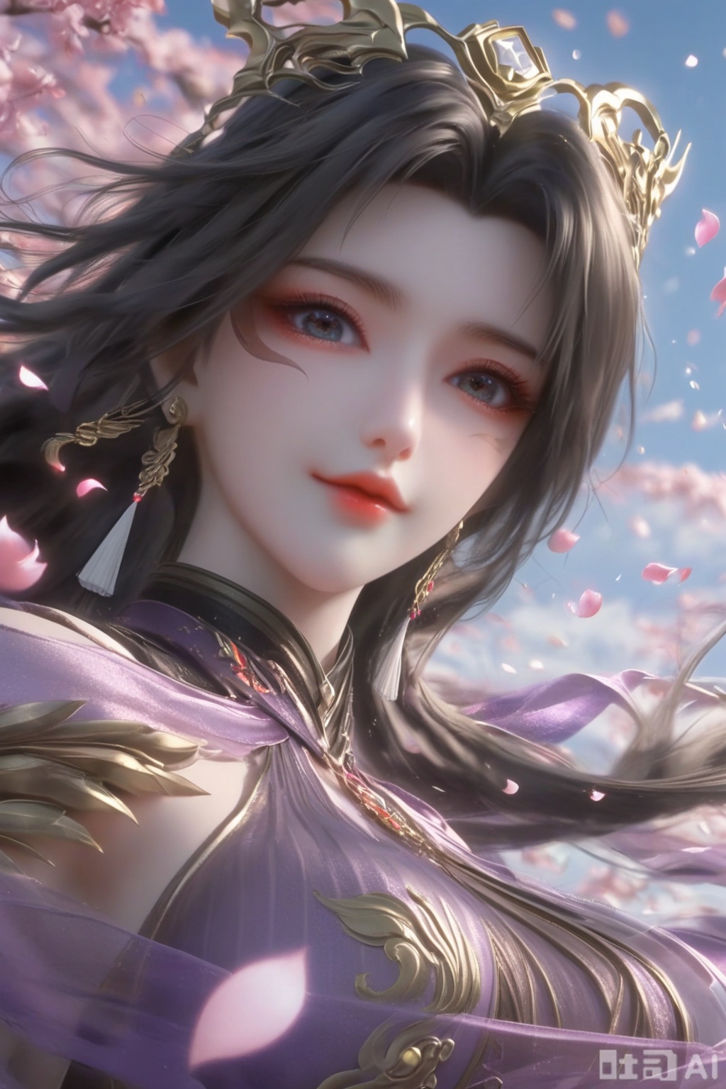 masterpiece, best quality, masterpiece,best quality,official art,extremely detailed CG unity 8k wallpaper, 1girl,solo,long hair,looking at viewer,black hair,hair ornament,jewelry,earrings,petals,Many petals,wind,Big petals,
