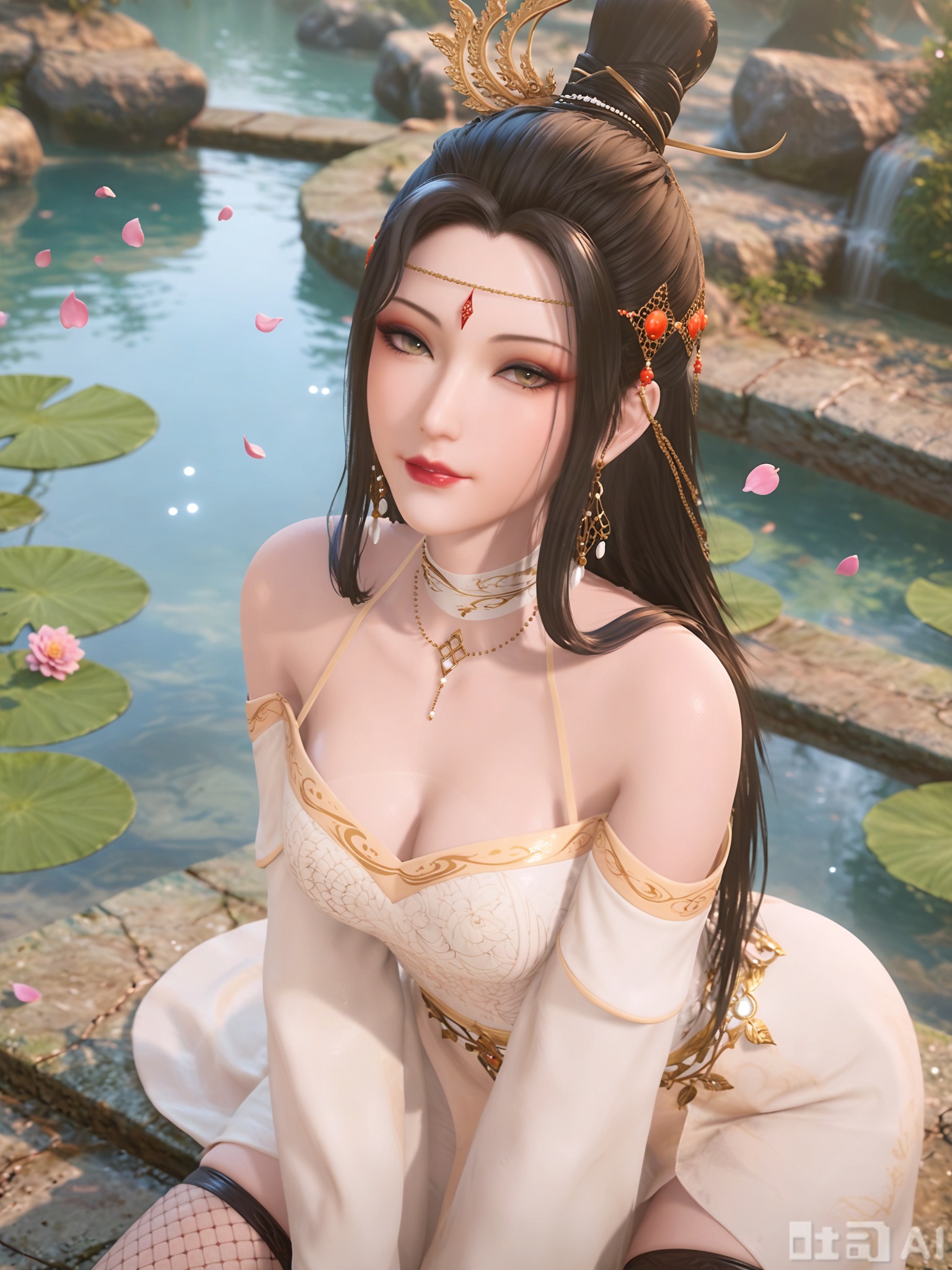 score_9,score_8_up,score_7_up,realistic,photorealistic,1girl,solo,looking_at_viewer,realistic,1girl,Vivid Colors,bright environment,delicate water,hair_ornament,shiny skin,shiny hair,reflection,flower sea,falling petals,extreme detail description,(full body:0.7),long hair,(skindentation:1.3),Fishnet stockings,bright,sunshine on face,light,sitting_down,reflection,leg slimming,lose weight,slim hips,earrings,hair ornament,necklace,make up,eyeshadow,eyeliner,eyelashes,white dress,black-hair,hair bun,
