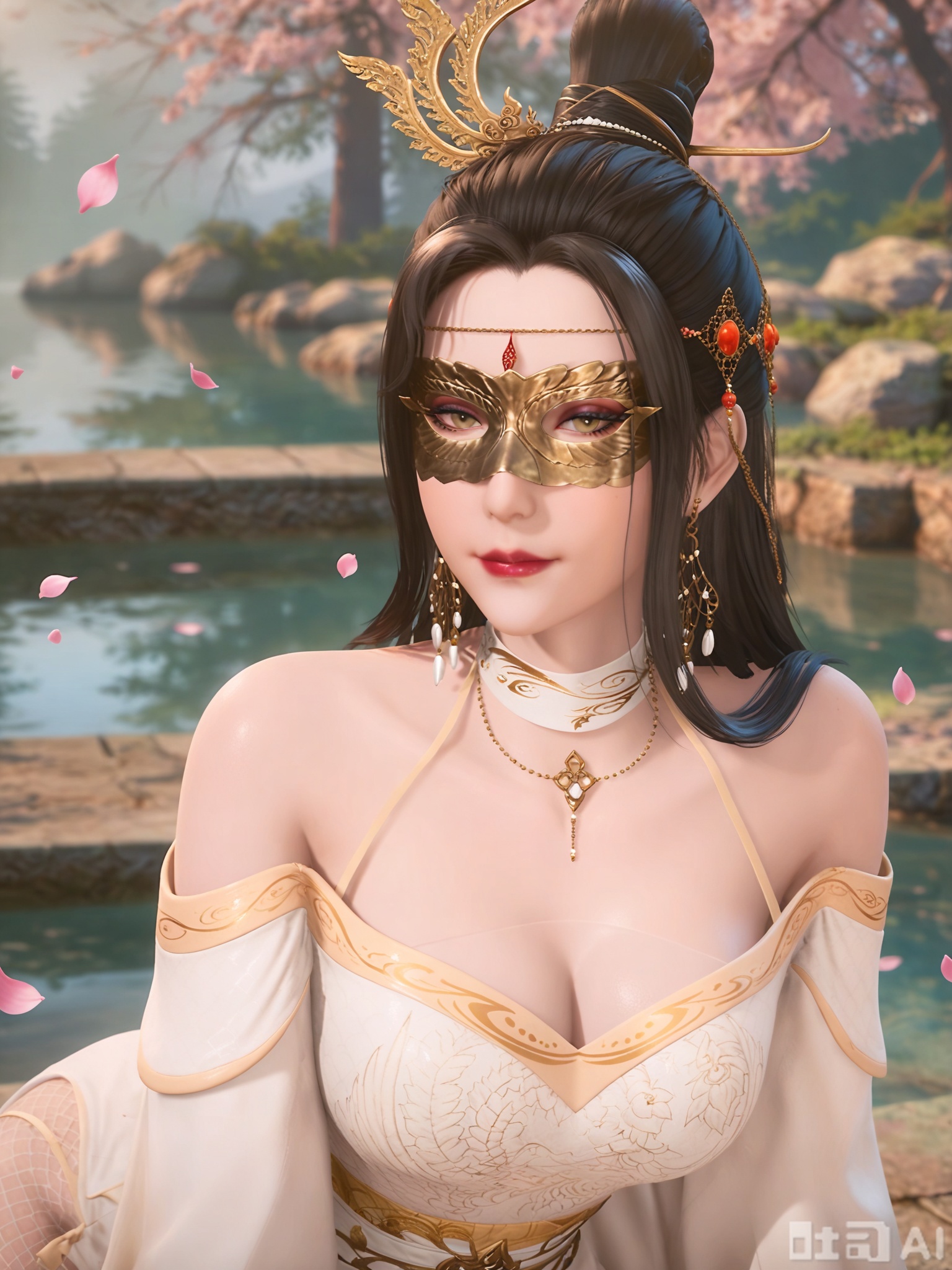 score_9,score_8_up,score_7_up,realistic,photorealistic,1girl,solo,looking_at_viewer,realistic,1girl,Vivid Colors,bright environment,delicate water,hair_ornament,shiny skin,shiny hair,reflection,flower sea,falling petals,extreme detail description,(full body:0.5),long hair,(skindentation:1.3),Fishnet stockings,bright,sunshine on face,light,sitting_down,reflection,leg slimming,lose weight,slim hips,earrings,hair ornament,necklace,make up,eyeshadow,eyeliner,eyelashes,white dress,black-hair,hair bun,mask