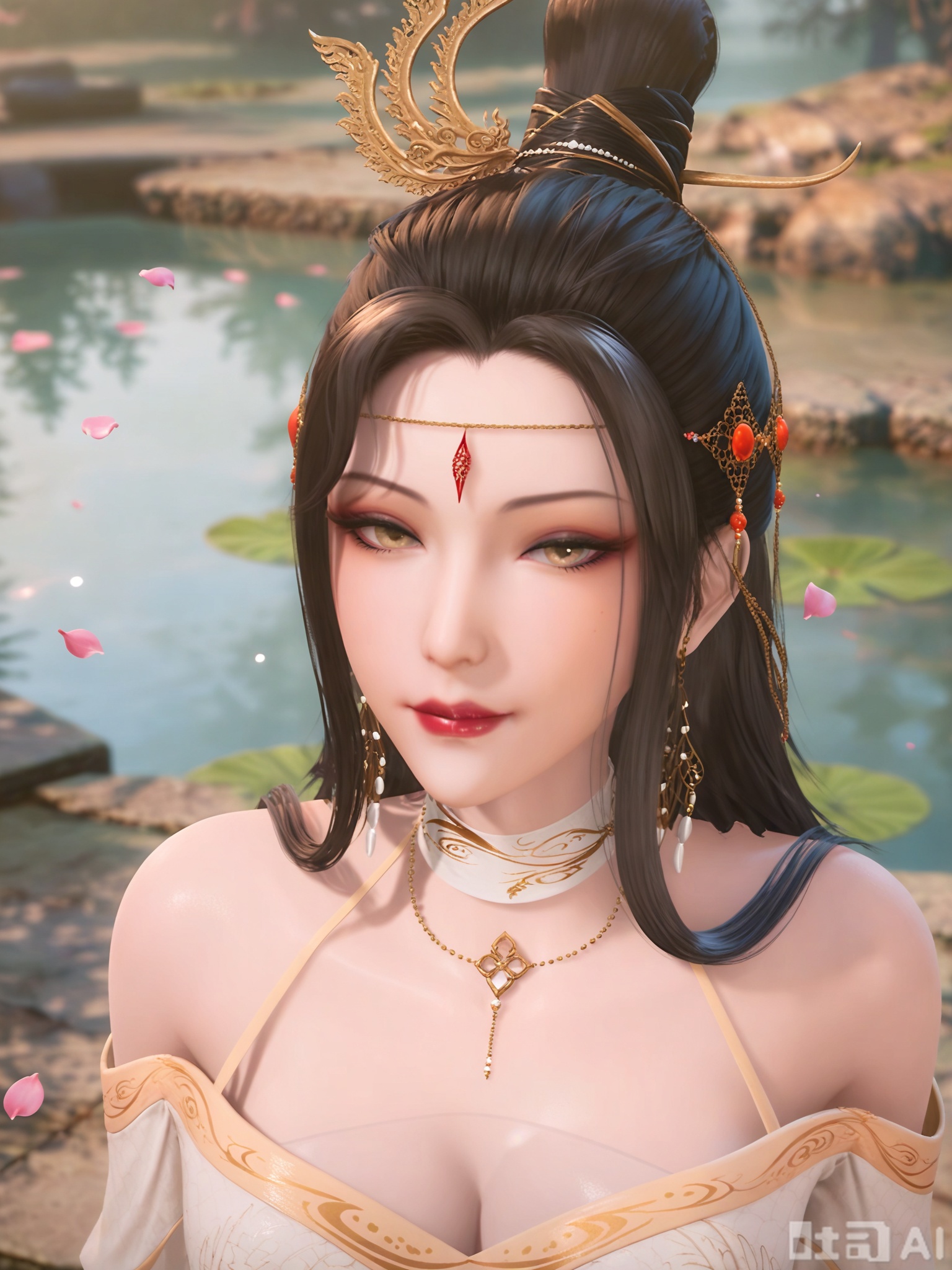 score_9,score_8_up,score_7_up,realistic,photorealistic,1girl,solo,looking_at_viewer,realistic,1girl,Vivid Colors,bright environment,delicate water,hair_ornament,shiny skin,shiny hair,reflection,flower sea,falling petals,extreme detail description,(full body:0.7),long hair,(skindentation:1.3),Fishnet stockings,bright,sunshine on face,light,sitting_down,reflection,leg slimming,lose weight,slim hips,earrings,hair ornament,necklace,make up,eyeshadow,eyeliner,eyelashes,white dress,black-hair,hair bun,