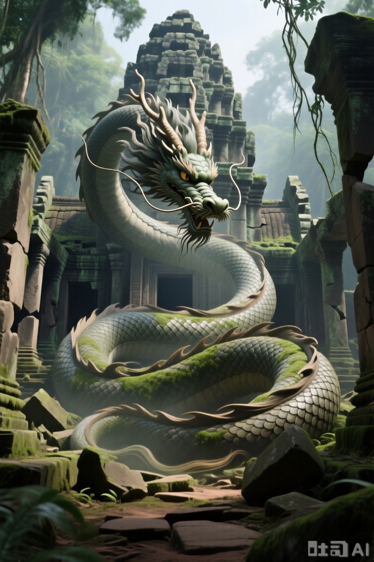 Masterpiece, best quality, ultra-high resolution, 8k, photorealistic, CG render, drgn_stly. In the ruins of an ancient, Angkor Wat-style temple completely swallowed by the jungle, a giant Eastern earth dragon, with scales like ancient, moss-covered stone, is awakening from a long slumber. Its incredibly long, serpentine body is slowly "flowing" out of the main, shattered temple hall, its massive form toppling broken stone pillars and walls as it moves. It has long whiskers like withered vines, and its colossal head has just lifted, its eyes filled with the沧桑of a thousand years.