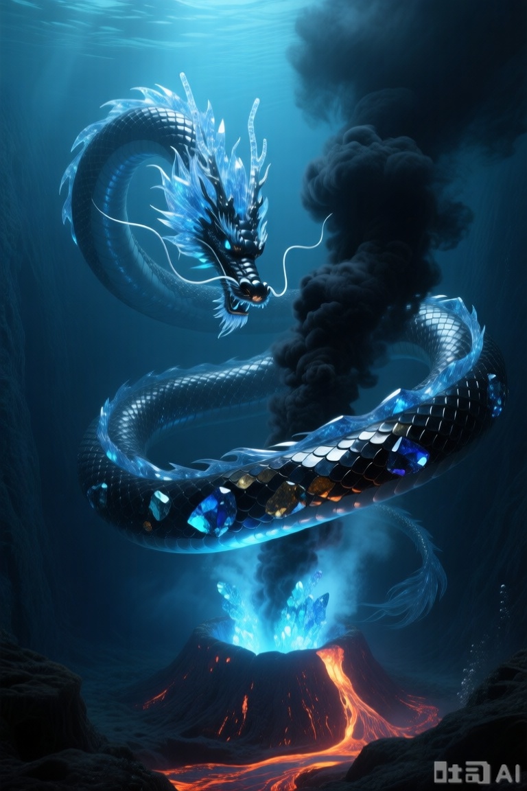 Masterpiece, best quality, ultra-high resolution, 8k, photorealistic, CG render, drgn_stly. At the bottom of a sunless deep-sea trench, a colossal Eastern dragon, its body composed of obsidian and minerals that emit an eerie blue bioluminescence, has its incredibly long, serpentine body coiled around a massive hydrothermal vent that continuously spews black smoke. Its scales reflect the complex sheen of metal and ore under the vent's light. It has translucent, crystalline long whiskers, and it is peacefully watching the miracle of life erupting from the vent.