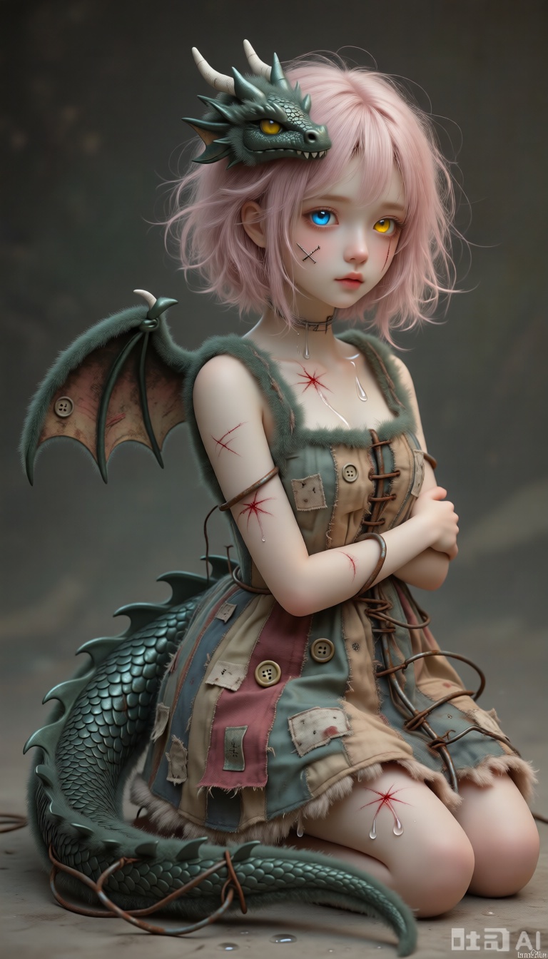 Masterpiece, best quality, ultra-detailed, sharp focus, drgn_stly, stigma_art, 1girl, pale face, hazy eyes filled with naive innocence, messy, cotton-soft pink short hair, with several visible crude stitches in her hair. She has one eye as bright blue as a glass bead, while the other is a murky, old-button-like yellow (heterochromia). She wears a warm, fluffy, "doll-like" dress pieced together from different colored old fabrics, the dress adorned with multiple thick stitches and cute but worn patches. A massive "fake dragon tail" made of soft, fluffy dark green faux dragon scale fabric, adorned with a cute bow at its tip, extends from beneath her dress's hem. This "fake dragon tail" is not directly attached but its base is tightly connected to the inside of her dress by several thick, "vines" resembling rusted metal wires. These vines pierce through the fabric, leaving several red, constricted marks on her waist, from which a few drops of transparent liquid seep. She is sitting sideways, half-length, her arms wrapped around her knees, her eyes filled with fragile innocence and a sense of manipulated cuteness.