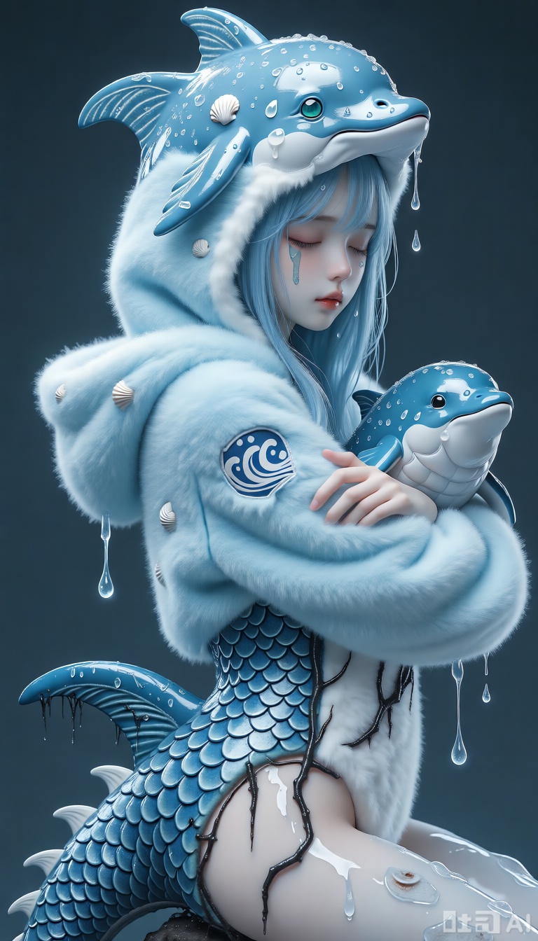 Masterpiece, best quality, ultra-detailed, sharp focus, kigu_craft, drgn_stly, stigma_art, 1girl, incredibly soft,plushsea-blue long hair, sparsely adorned with several cute but broken, salt-laced seashell decorations. She has one eye like polluted seawater, blue-green and foamy, while the other is a pure, deep-sea-plastic-like grayish-white eye (heterochromia). She wears an incredibly soft, warm, andultra-fluffyblue and white dolphin-themed kigurumi (animal onesie), the hood adorned withplushcute dolphin fin-like ears, and a "wave" patch crudely stitched onto the chest, with a few drops of transparent, fishy-smelling liquid stains around the patch. Most unsettlingly, a bizarre "fake dragon tail" made of incredibly soft,plushdark blue faux dragon scale fabric, with a cute but corroded fishbone decoration at its tip, extends from the seat of her kigurumi. At its root, where it connects to her body, several tiny black "vines" resembling kelp are permeating from beneath the kigurumi's fabric, seemingly deeply embedded in her skin, secreting transparent, viscous liquid, creating a bizarre contrast with thepluffycute exterior. She is sitting sideways, half-length, her arms wrapped around a similarlyplush, plastic-fragment-covered old dolphin toy, her face displaying an innocent sleeping expression, her eyes filled with doll-like cuteness and a sorrow tainted by ocean pollution.