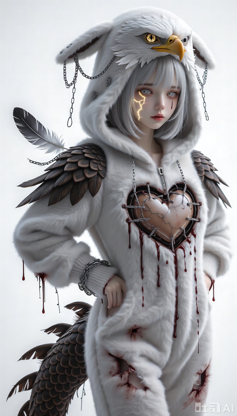 Masterpiece, best quality, ultra-detailed, sharp focus, **kigu_craft, drgn_stly, stigma_art**, 1girl, **incredibly soft,**`plush`**grayish-white short hair, sparsely adorned with several cute but broken eagle feather decorations with tiny iron chains**. She has **one eye like imprisoned lightning, golden and cracked, while the other is a pure, sky-grayish-white eye (heterochromia)**. **She wears an incredibly soft, warm, and**`ultra-fluffy`**giant grayish-white eagle-themed kigurumi (animal onesie), the hood adorned with**`plush`**cute eagle claws, and a "heart" patch crudely stitched onto the chest, with dried bloodstains (color suggestion) around the patch**. Most unsettlingly, **a bizarre "fake dragon tail" made of incredibly soft,**`plush`**dark brown faux dragon scale fabric, with several tattered eagle feathers at its tip, extends from the seat of her kigurumi. At its root, where it connects to her body, several tiny black "threads" resembling dried sinews are permeating from beneath the kigurumi's fabric, seemingly deeply embedded in her skin, secreting transparent, viscous liquid, creating a bizarre contrast with the**`fluffy`**cute exterior**. She is **standing half-length**, **her arms bound behind her back, her eyes filled with the agony of confinement and a desperate longing to fly