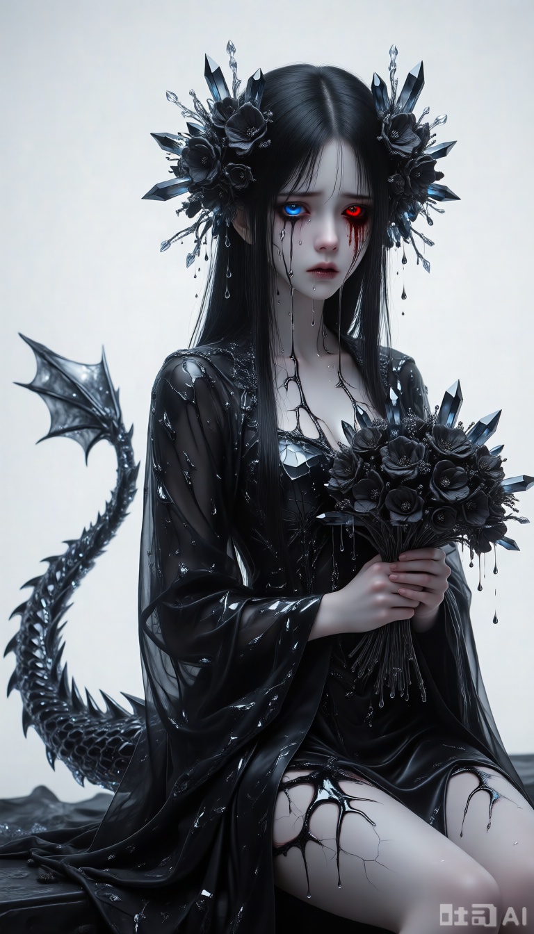 Masterpiece, best quality, ultra-detailed, sharp focus, drgn_stly, stigma_art, 1girl, pale face, sunken eyes, long black straight hair, adorned with "bouquets" made of solidified black crystals and withered petals. She has one eye like a deep night sky, blue in color, while the other is a pure, dark red like dried blood (heterochromia). She wears a complete gothic robe whose surface is covered in black, crystalline "tear tracks". Her eyes no longer shed tears, but instead "weep" "bouquets" composed of tiny, transparent crystals and withered petals. These "flowers" solidify along her cheeks, forming grotesque, continuously growing tear-track bouquets. A "fake dragon bone tail" made of hard, faintly shimmering black crystal aggregates extends from her waist. Its surface has fine cracks, and transparent liquid seeps from these fissures. She is sitting half-length, her hands clenched, her expression pained and vacant.