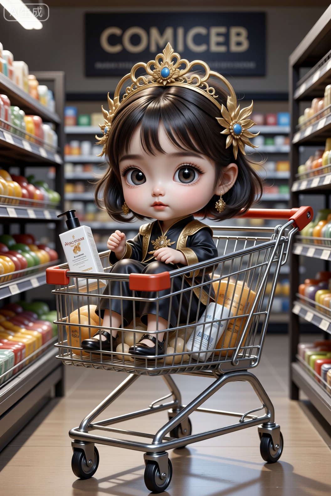 The image depicts a stylized, chibi-style character sitting in a shopping cart inside a grocery store. The character has large, expressive eyes and is wearing a golden, ornate headpiece and a black outfit with gold accents. The shopping cart is filled with various grocery items, including a box of cigarettes, a bottle of lotion, and other packaged goods. The background shows shelves stocked with fruits and other groceries, and a sign above the cart reads "COMICEB." The overall scene has a whimsical and humorous tone, blending everyday shopping with a fantastical character.
