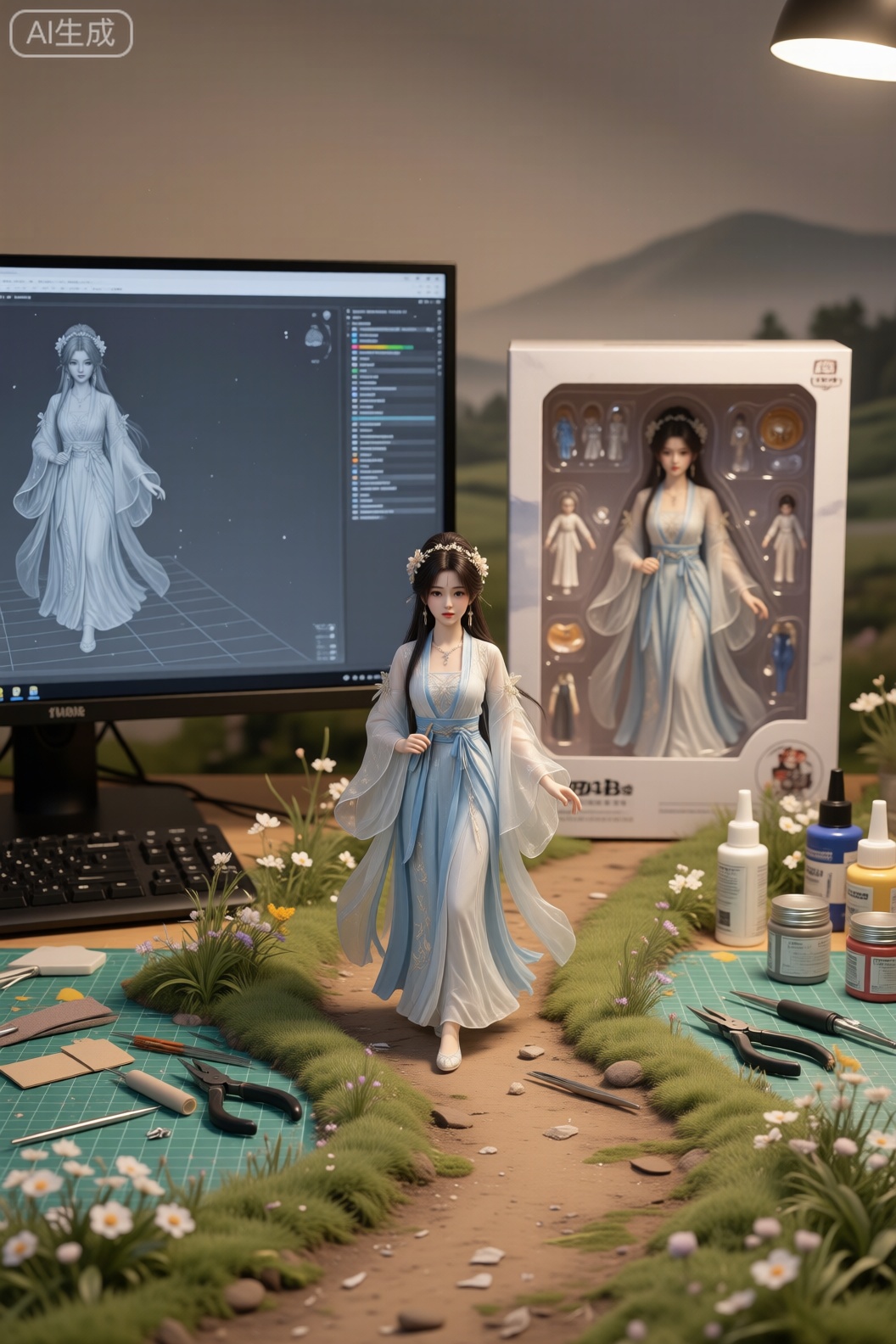 The image depicts a serene countryside scene with a young girl walking along a dirt path surrounded by lush greenery and blooming flowers. The girl is dressed in a light blue outfit with intricate designs, and she has long dark hair adorned with a floral headband. The path curves gently through the landscape, leading towards a misty horizon with rolling hills and trees in the distance. The overall atmosphere is peaceful and idyllic, evoking a sense of tranquility and connection with nature.基于参考图,将角色转换为1/7比例的高完成度PVC静态手办的图片,图片中该角色置于手办制作工作台：电脑屏幕,键盘,浅绿切割垫、喷枪、替换手与面部、镊子、刻刀、尖嘴钳、砂纸条、胶水和颜料罐四散摆放,桌上的电脑屏幕正在显示该手办的三维建模图。手办背后是一只较大的玩具品牌的开窗盒,正面透明塑料窗可看见同款手办的本体和配件。室内暖色灯光,柔和的45°主光+顶补光；单反摄影质感,50mm镜头,f/2.8,浅景深,真实PVC/ABS塑料反射,喷涂阴影、细微合模线与微划痕,桌面反射与颗粒感,背景轻微散景。