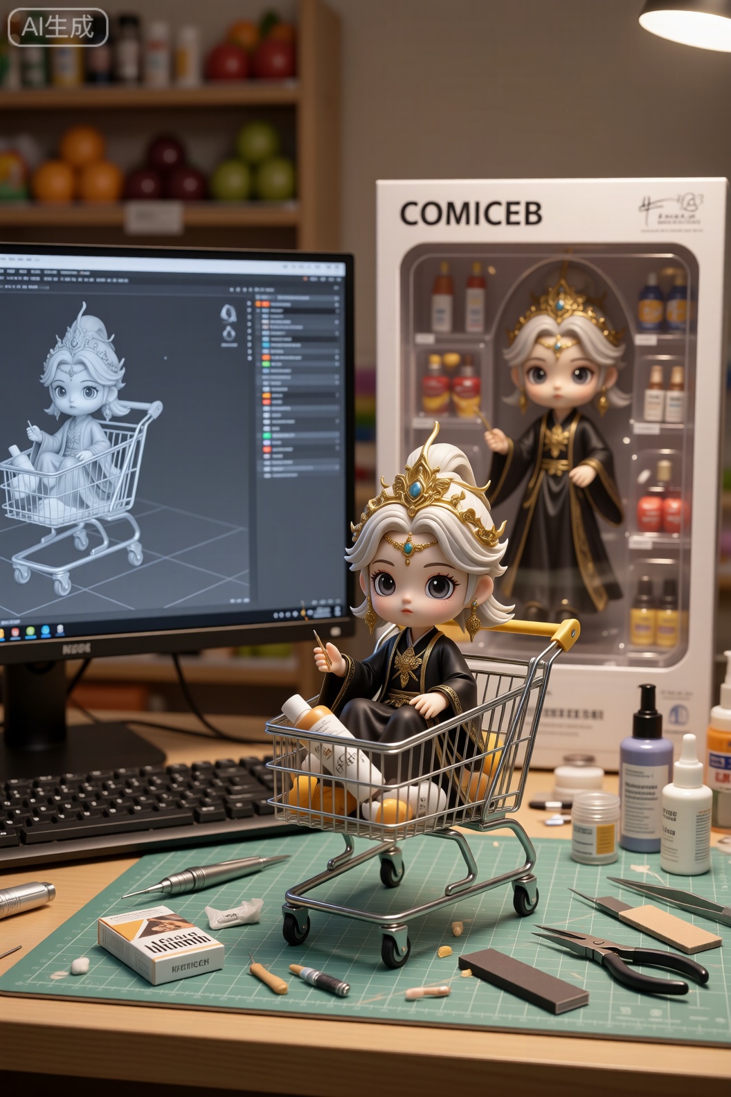 The image depicts a stylized, chibi-style character sitting in a shopping cart inside a grocery store. The character has large, expressive eyes and is wearing a golden, ornate headpiece and a black outfit with gold accents. The shopping cart is filled with various grocery items, including a box of cigarettes, a bottle of lotion, and other packaged goods. The background shows shelves stocked with fruits and other groceries, and a sign above the cart reads "COMICEB." The overall scene has a whimsical and humorous tone, blending everyday shopping with a fantastical character.基于参考图,将角色转换为1/7比例的高完成度PVC静态手办的图片,图片中该角色置于手办制作工作台：电脑屏幕,键盘,浅绿切割垫、喷枪、替换手与面部、镊子、刻刀、尖嘴钳、砂纸条、胶水和颜料罐四散摆放,桌上的电脑屏幕正在显示该手办的三维建模图。手办背后是一只较大的玩具品牌的开窗盒,正面透明塑料窗可看见同款手办的本体和配件。室内暖色灯光,柔和的45°主光+顶补光；单反摄影质感,50mm镜头,f/2.8,浅景深,真实PVC/ABS塑料反射,喷涂阴影、细微合模线与微划痕,桌面反射与颗粒感,背景轻微散景。