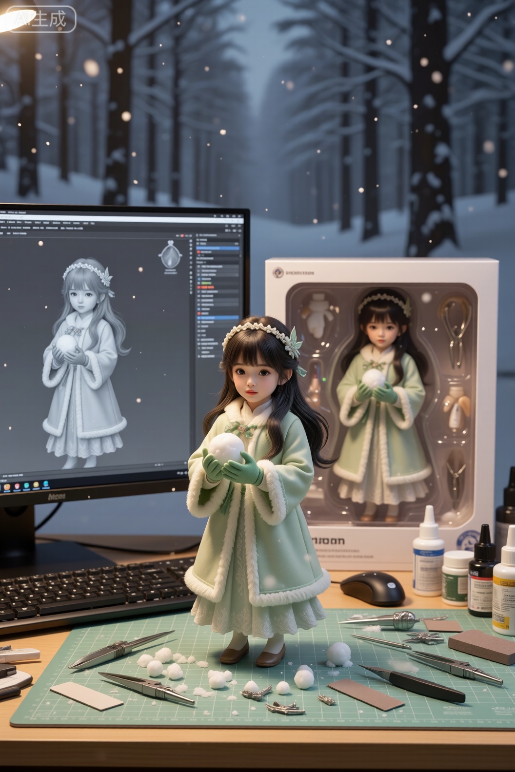 The image depicts a young girl standing in a snowy forest. She is dressed in a light green coat with fur trim and green gloves, and her long dark hair is adorned with a decorative headband and a small leaf-shaped accessory. She is holding a snowball in her hands, which she appears to be about to throw. The background consists of tall, snow-covered trees, and the ground is blanketed with a thick layer of snow. Snowflakes are gently falling, creating a serene winter scene.基于参考图,将角色转换为1/7比例的高完成度PVC静态手办的图片,图片中该角色置于手办制作工作台：电脑屏幕,键盘,浅绿切割垫、喷枪、替换手与面部、镊子、刻刀、尖嘴钳、砂纸条、胶水和颜料罐四散摆放,桌上的电脑屏幕正在显示该手办的三维建模图。手办背后是一只较大的玩具品牌的开窗盒,正面透明塑料窗可看见同款手办的本体和配件。室内暖色灯光,柔和的45°主光+顶补光；单反摄影质感,50mm镜头,f/2.8,浅景深,真实PVC/ABS塑料反射,喷涂阴影、细微合模线与微划痕,桌面反射与颗粒感,背景轻微散景。