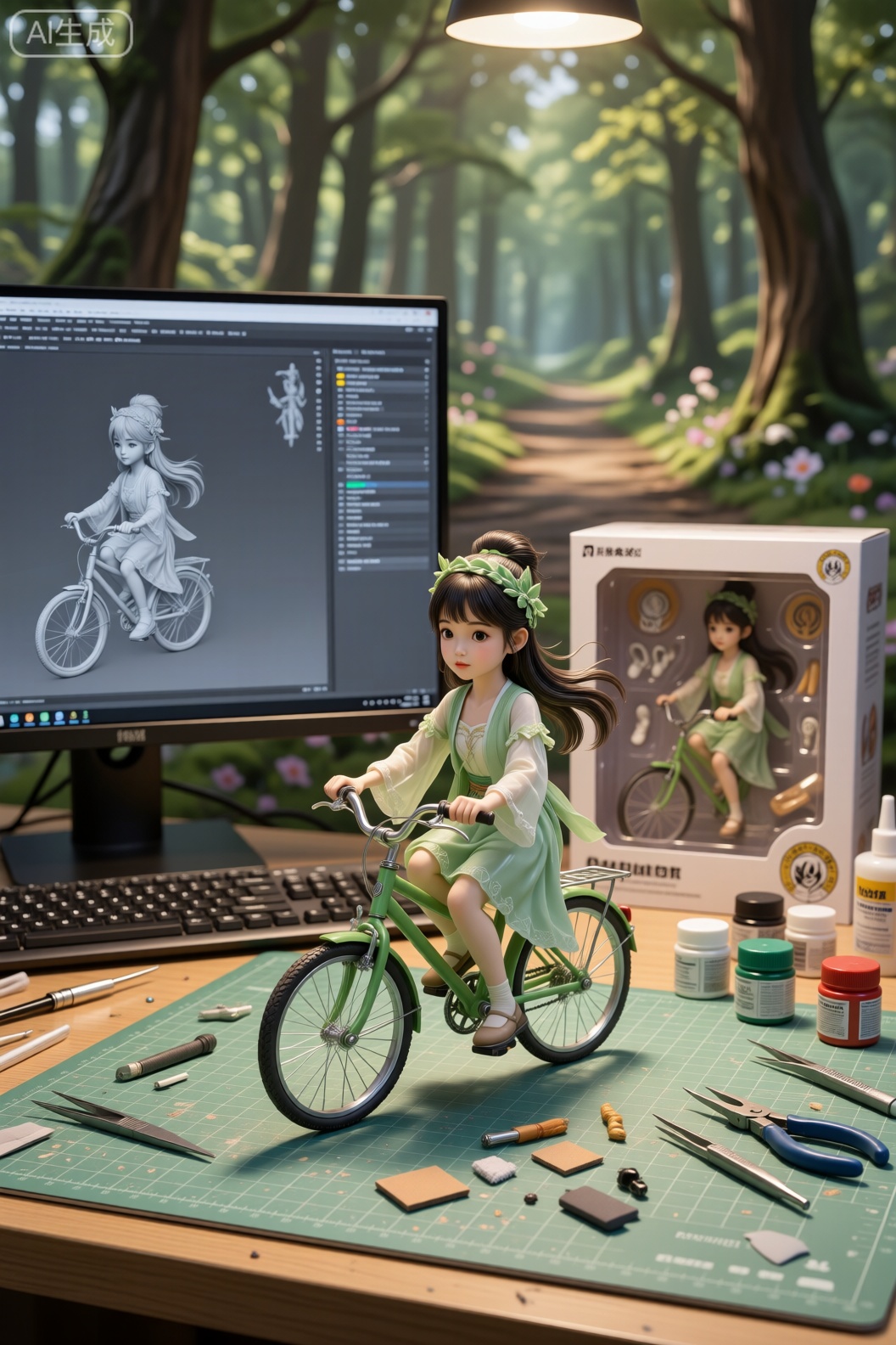 The image depicts a young girl riding a green bicycle on a dirt path surrounded by a forest. She is wearing a light green outfit and has long dark hair tied with a green headband adorned with leaves. The background features tall trees with dense foliage, and there are small yellow flowers scattered along the path. The lighting suggests a bright, sunny day, and the overall atmosphere is serene and playful.基于参考图,将角色转换为1/7比例的高完成度PVC静态手办的图片,图片中该角色置于手办制作工作台：电脑屏幕,键盘,浅绿切割垫、喷枪、替换手与面部、镊子、刻刀、尖嘴钳、砂纸条、胶水和颜料罐四散摆放,桌上的电脑屏幕正在显示该手办的三维建模图。手办背后是一只较大的玩具品牌的开窗盒,正面透明塑料窗可看见同款手办的本体和配件。室内暖色灯光,柔和的45°主光+顶补光；单反摄影质感,50mm镜头,f/2.8,浅景深,真实PVC/ABS塑料反射,喷涂阴影、细微合模线与微划痕,桌面反射与颗粒感,背景轻微散景。