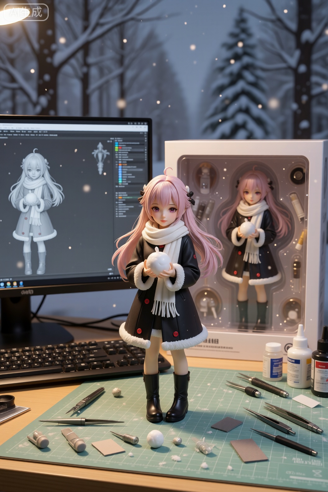 The image depicts a chibi-style character standing in a snowy forest. The character has long pink hair and is wearing a black coat with white fur trim and red buttons. They are also wearing a white scarf and black boots. The character is holding a snowball in their hands. The background consists of snow-covered trees and a soft, wintry landscape. The overall scene is serene and festive, with a focus on the character and the winter environment.基于参考图,将角色转换为1/7比例的高完成度PVC静态手办的图片,图片中该角色置于手办制作工作台：电脑屏幕,键盘,浅绿切割垫、喷枪、替换手与面部、镊子、刻刀、尖嘴钳、砂纸条、胶水和颜料罐四散摆放,桌上的电脑屏幕正在显示该手办的三维建模图。手办背后是一只较大的玩具品牌的开窗盒,正面透明塑料窗可看见同款手办的本体和配件。室内暖色灯光,柔和的45°主光+顶补光；单反摄影质感,50mm镜头,f/2.8,浅景深,真实PVC/ABS塑料反射,喷涂阴影、细微合模线与微划痕,桌面反射与颗粒感,背景轻微散景。
