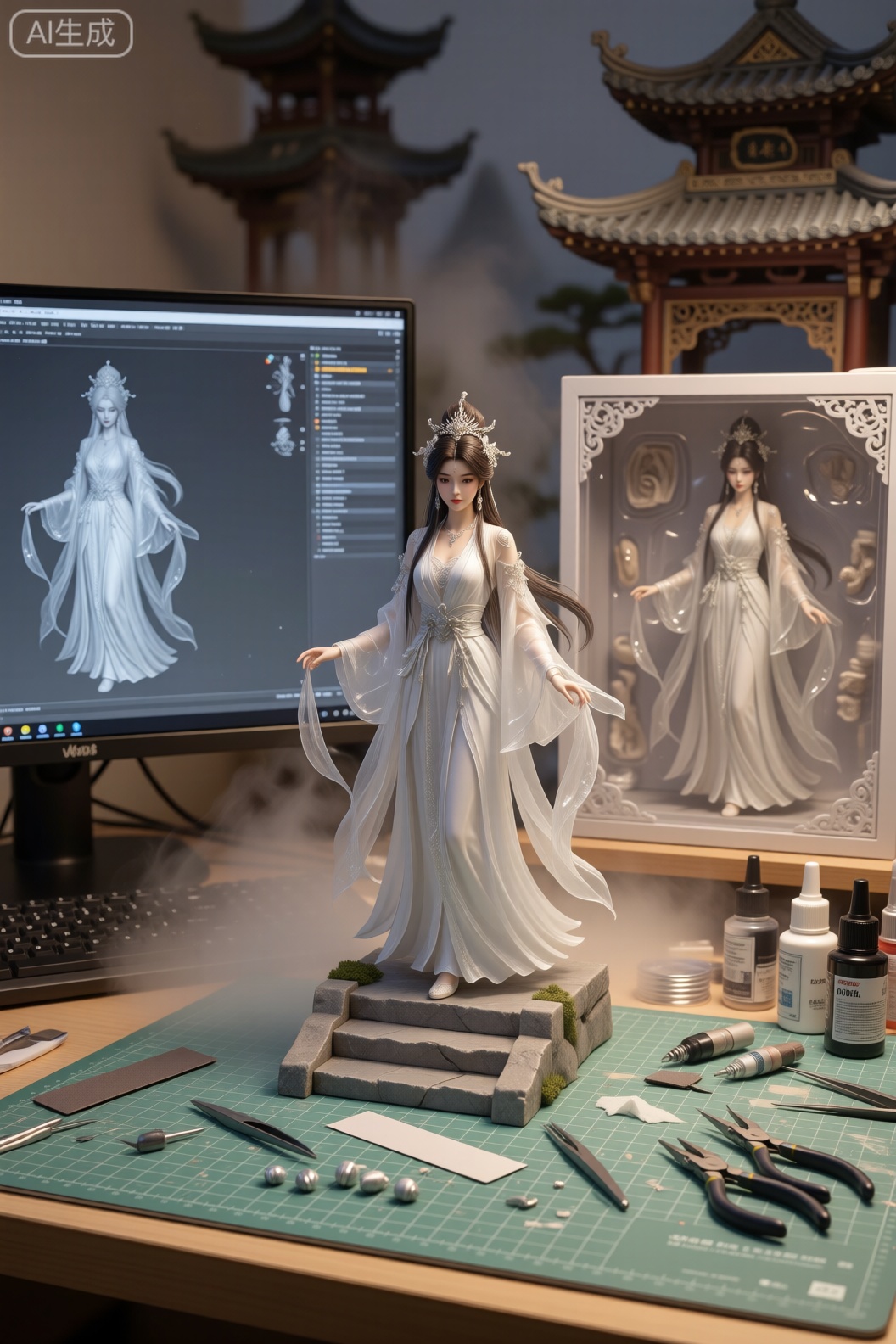 The image depicts a serene and ethereal scene with a woman standing on stone steps. She is dressed in a flowing white gown that billows gently, suggesting movement or an unseen wind. Her hair is long and adorned with a delicate, intricate headpiece, giving her an otherworldly appearance. The background features ornate, traditional East Asian architecture, with intricate carvings and a pagoda-like structure. Wisps of mist or smoke surround her, enhancing the mystical atmosphere. The lighting is soft and diffused, casting a gentle glow on her figure and the surrounding elements.基于参考图,将角色转换为1/7比例的高完成度PVC静态手办的图片,图片中该角色置于手办制作工作台：电脑屏幕,键盘,浅绿切割垫、喷枪、替换手与面部、镊子、刻刀、尖嘴钳、砂纸条、胶水和颜料罐四散摆放,桌上的电脑屏幕正在显示该手办的三维建模图。手办背后是一只较大的玩具品牌的开窗盒,正面透明塑料窗可看见同款手办的本体和配件。室内暖色灯光,柔和的45°主光+顶补光；单反摄影质感,50mm镜头,f/2.8,浅景深,真实PVC/ABS塑料反射,喷涂阴影、细微合模线与微划痕,桌面反射与颗粒感,背景轻微散景。