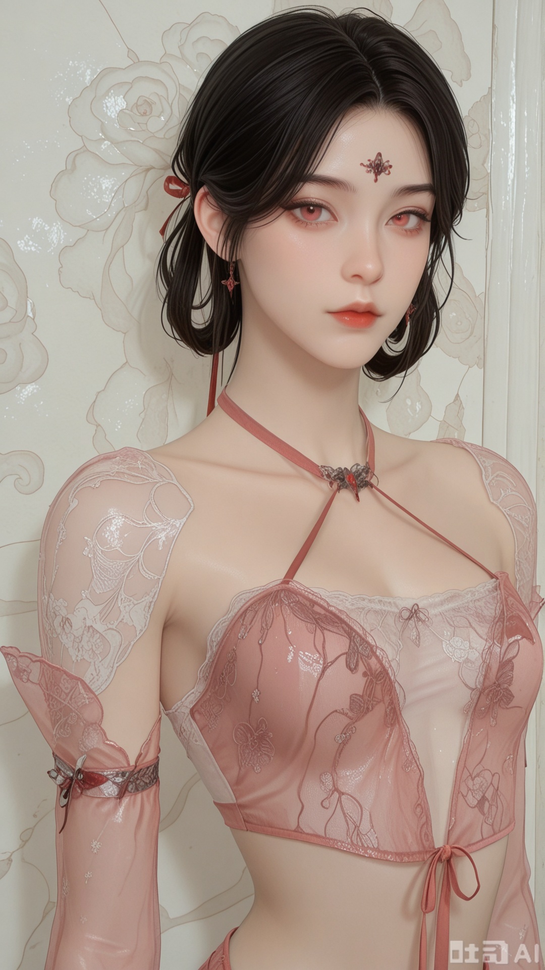 1girl, solo,lace And see-through And red flat duduo, exquisite skin, upper_body, looking at viewer, even illumination, very awa, Solid Glossy and cloud background,