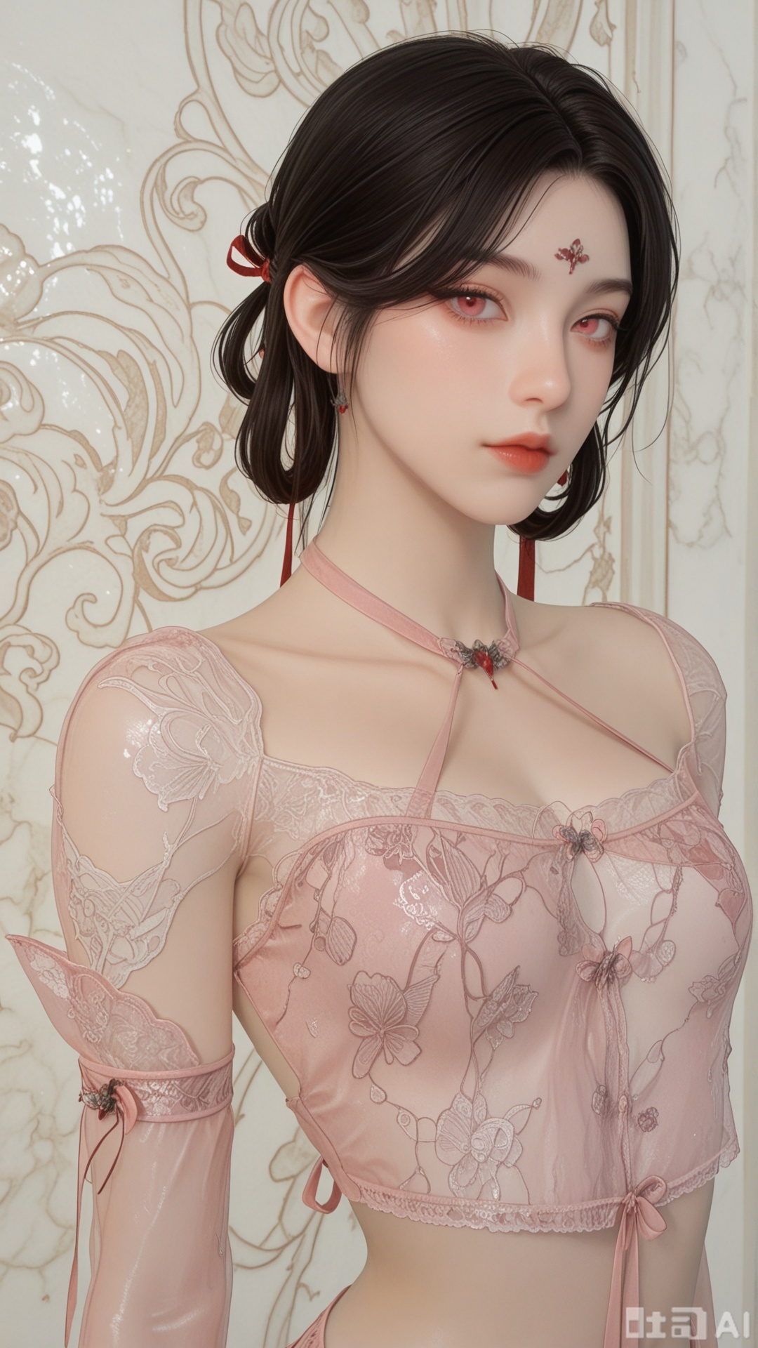 1girl, solo,lace And see-through And red flat duduo, exquisite skin, upper_body, looking at viewer, even illumination, very awa, Solid Glossy and cloud background,
