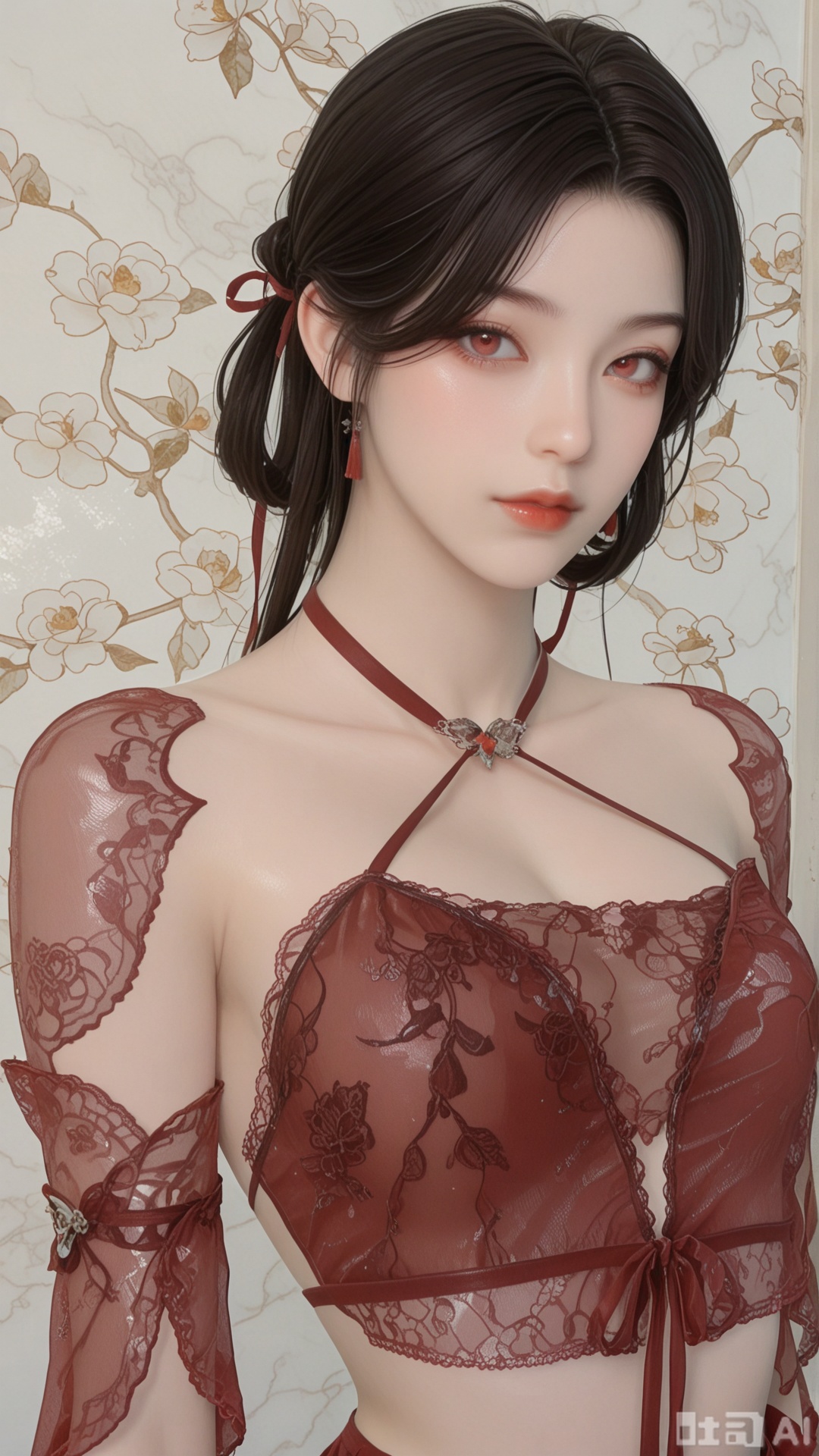 1girl, solo,lace And see-through And red flat duduo, exquisite skin, upper_body, looking at viewer, even illumination, very awa, Solid Glossy and cloud background,